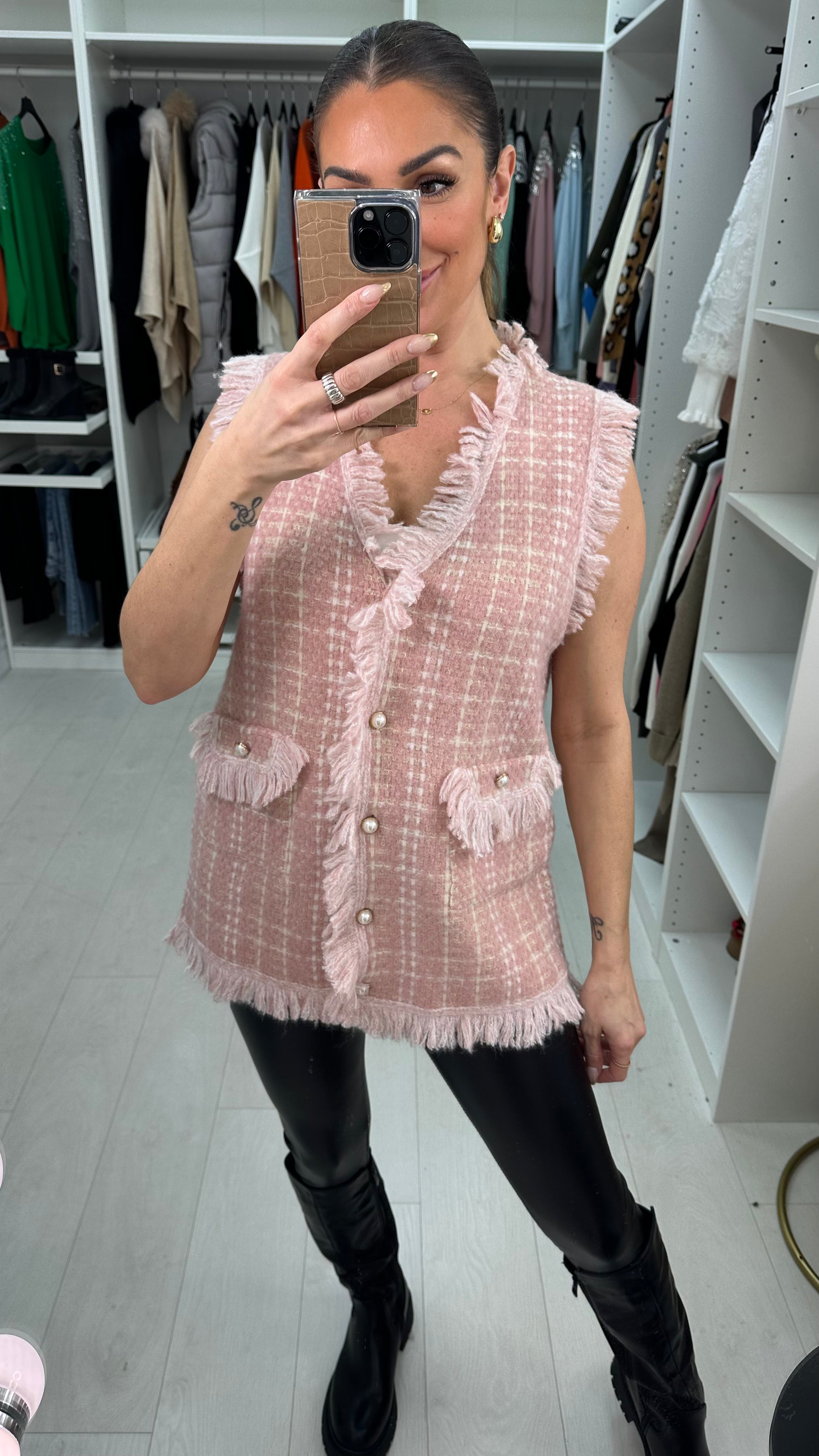 Ipek Pearl Button Checked Knitted Waistcoat