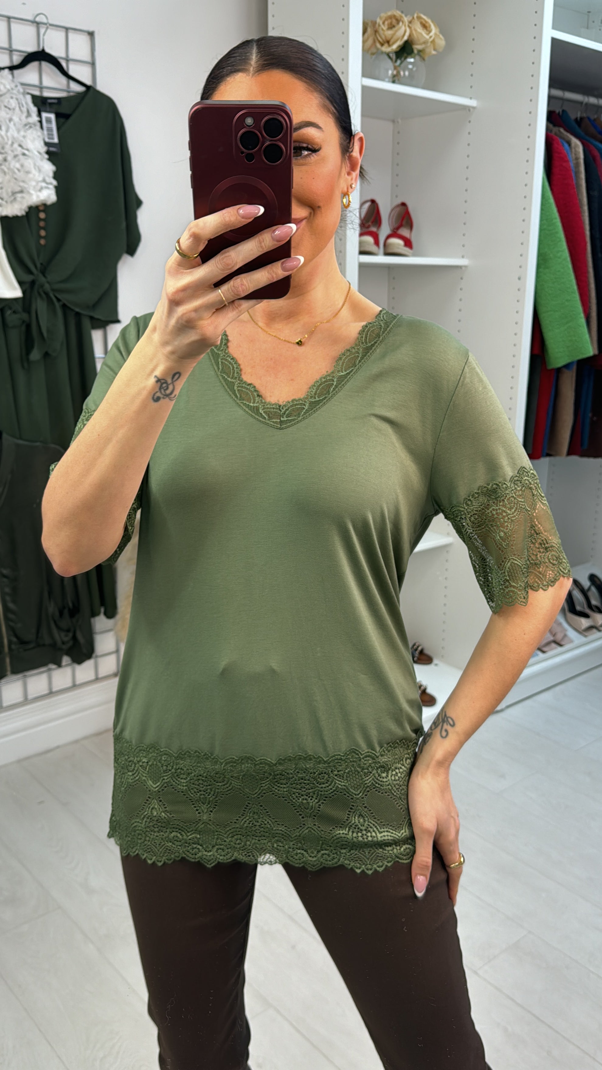 Lola Plain Lace Trim Short Sleeve Top