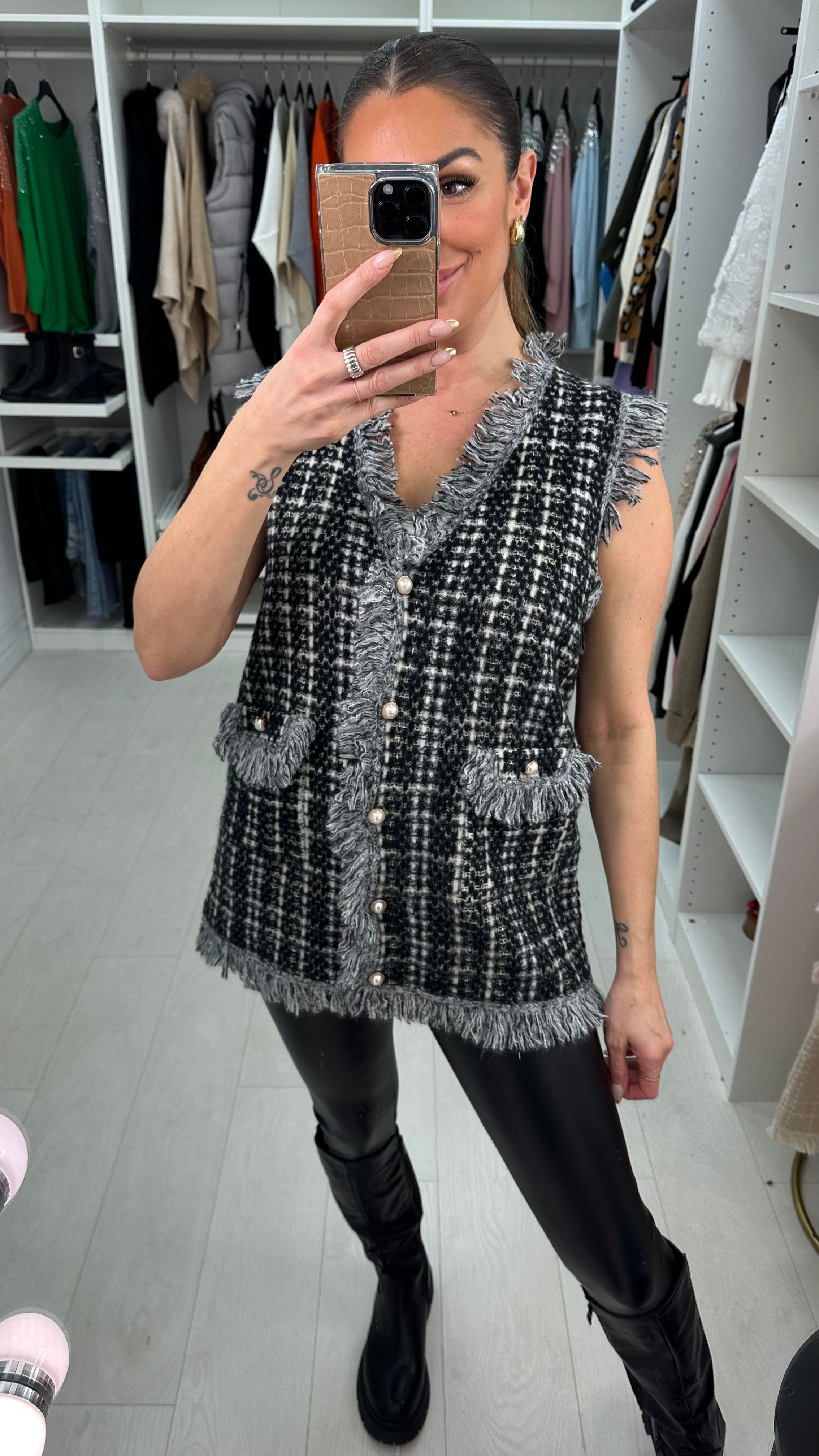 Ipek Pearl Button Checked Knitted Waistcoat