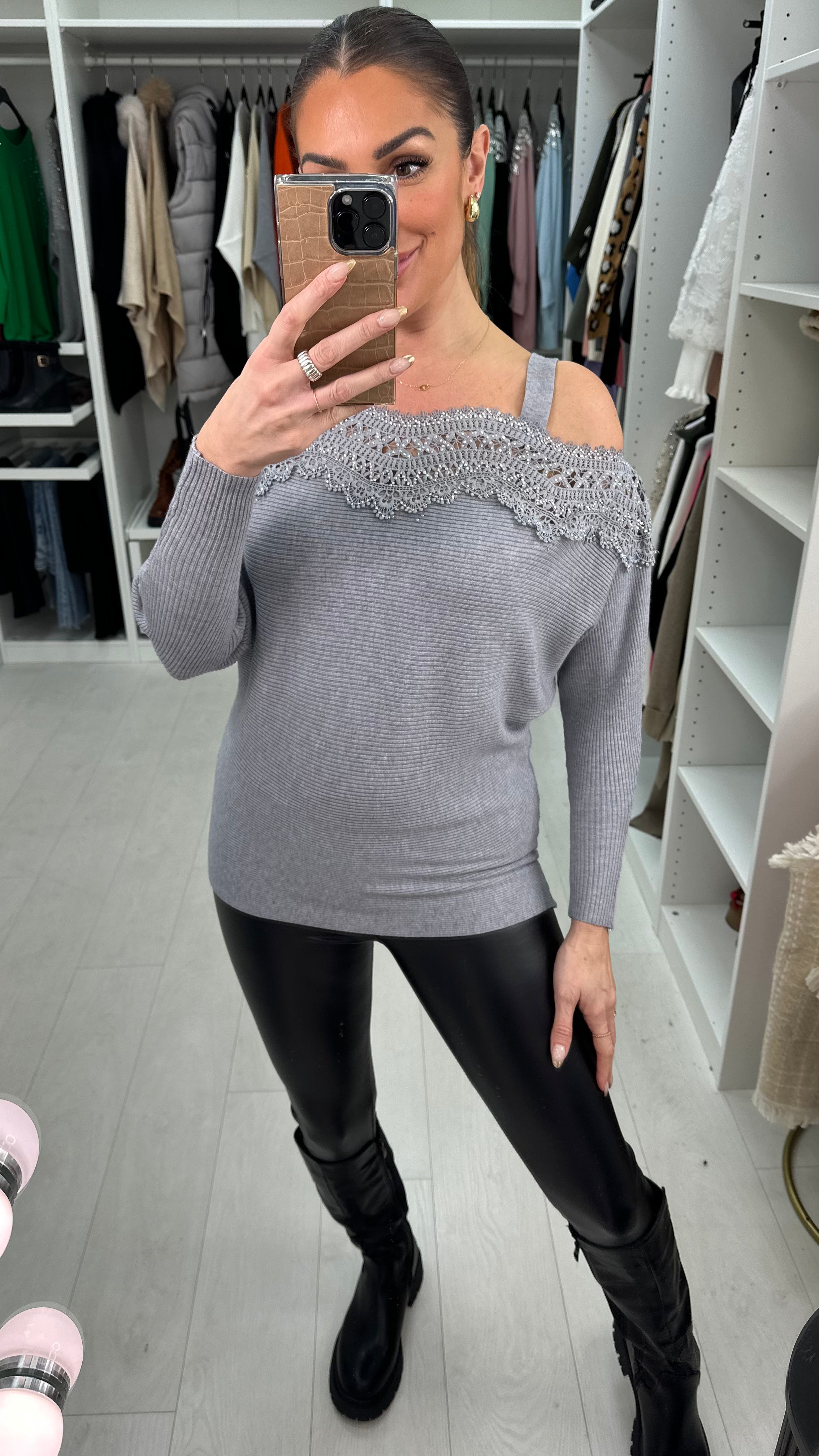 Glamma Crochet Diamante Strappy Bardot Jumper