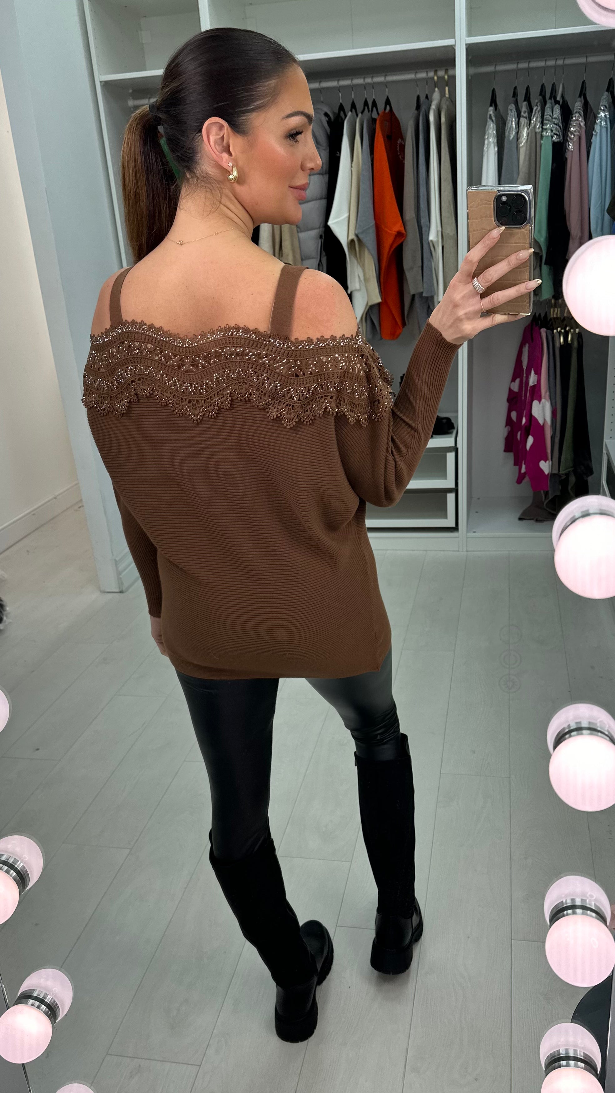 Glamma Crochet Diamante Strappy Bardot Jumper