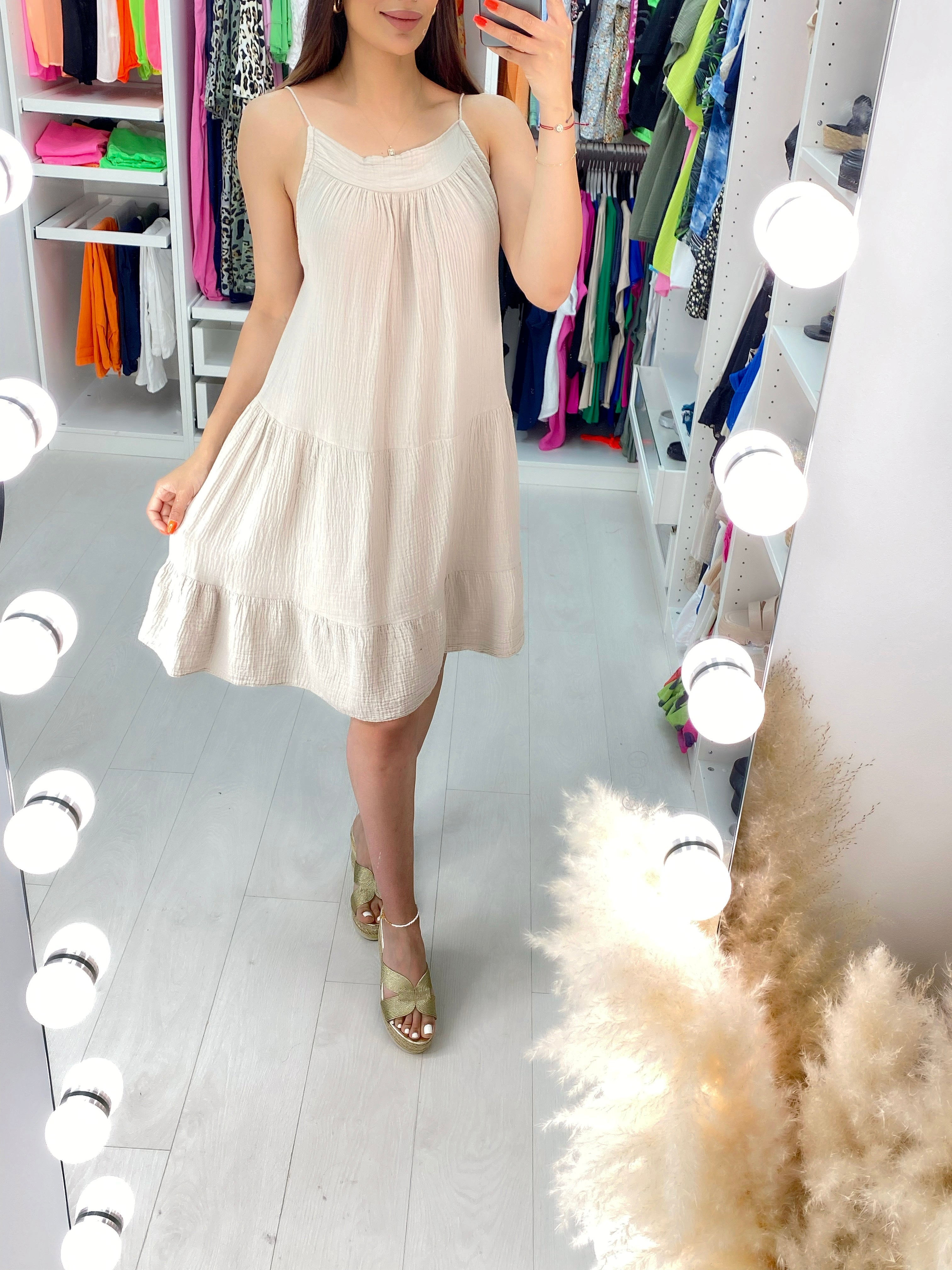 Marigold Cheesecloth Tie Strap Tiered Hem Dress