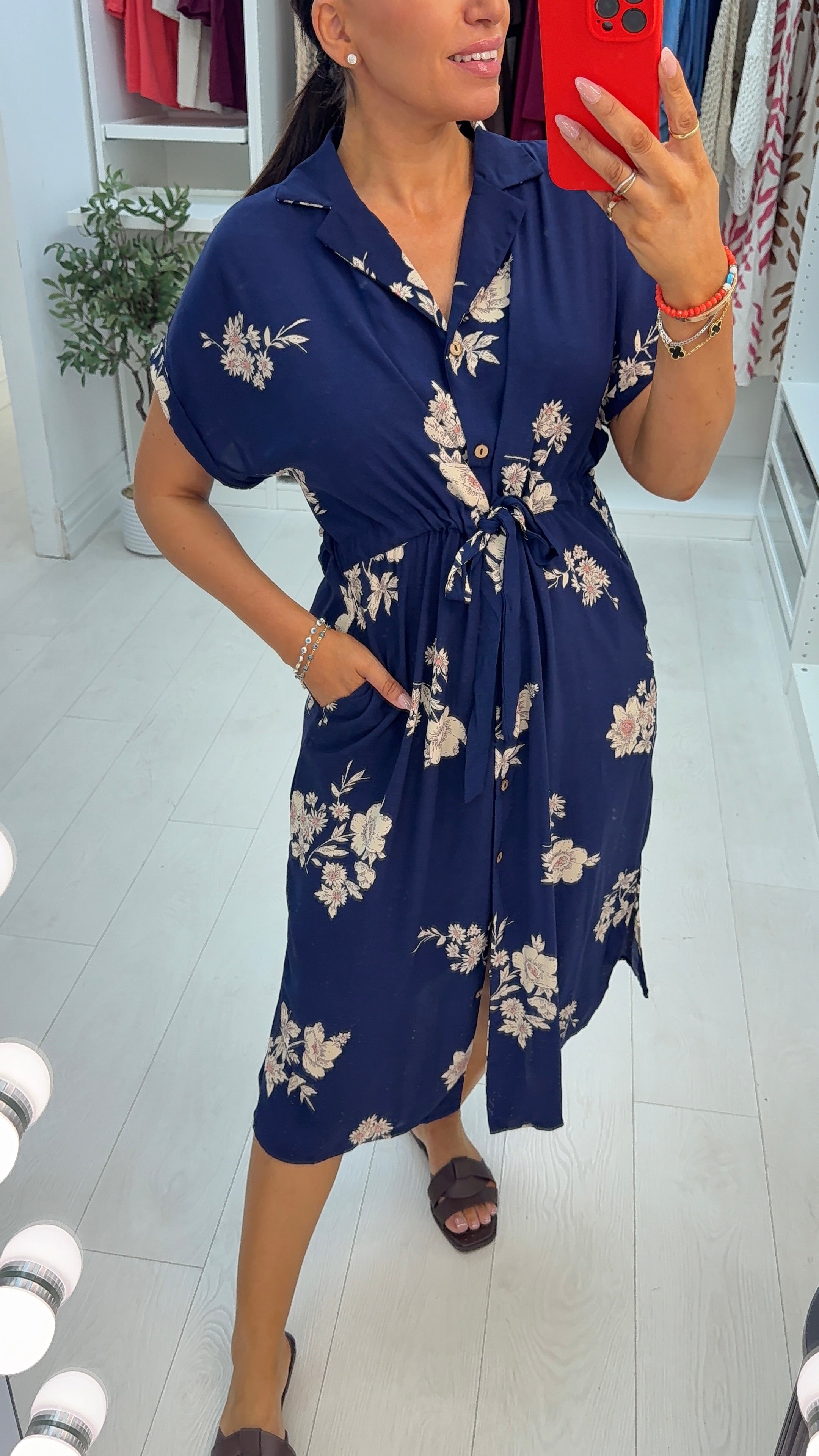 Tillie Floral Print Drawstring Waist Shirt Dress