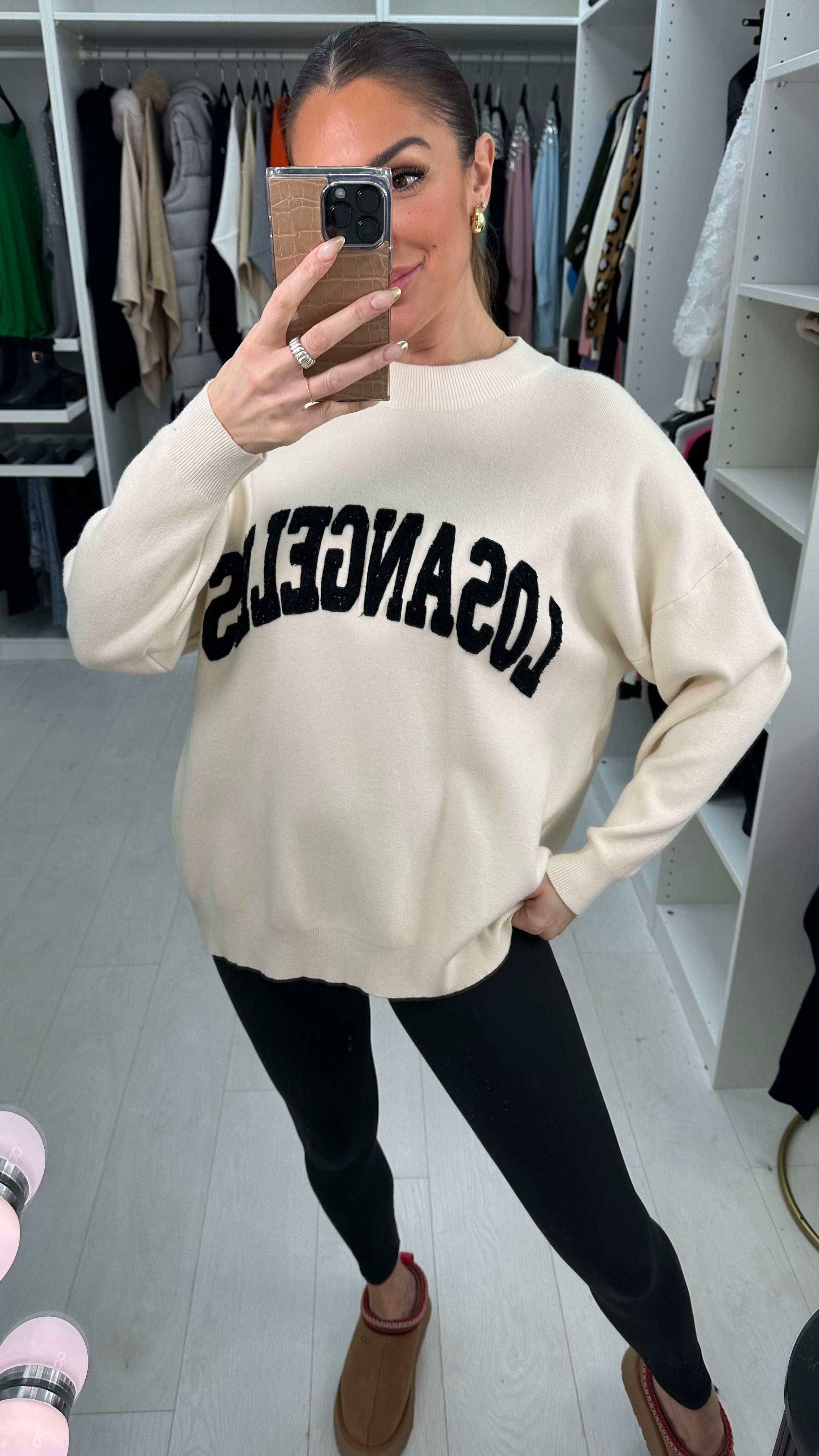 Nicki Boucle 'Los Angeles' Slogan Crew Neck Jumper