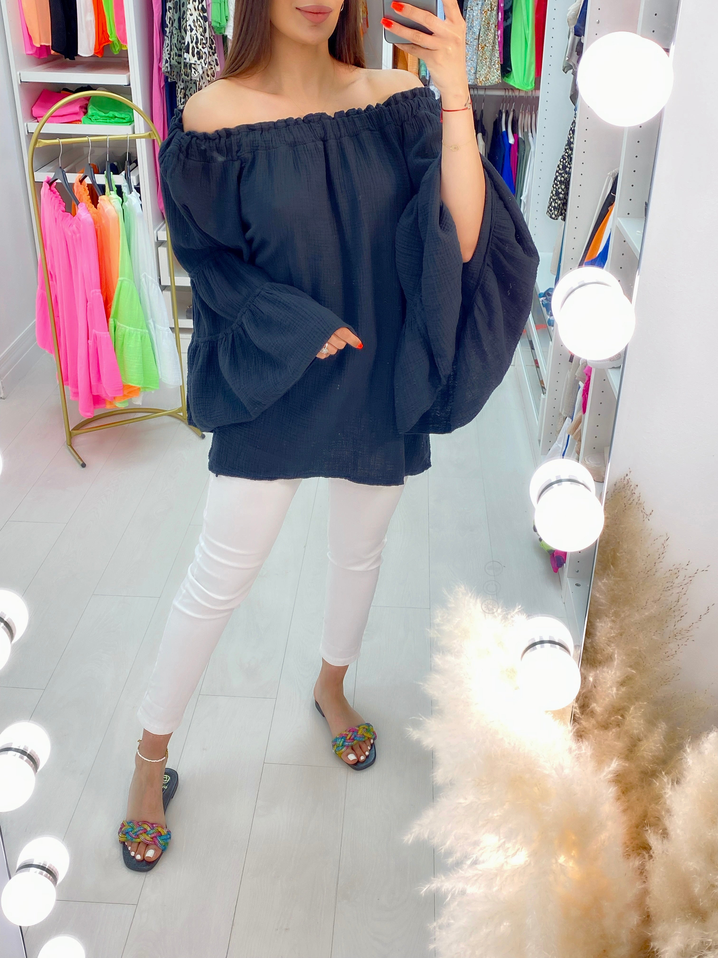 Delaney Cheesecloth Bardot Ruffle Sleeve Smock Top