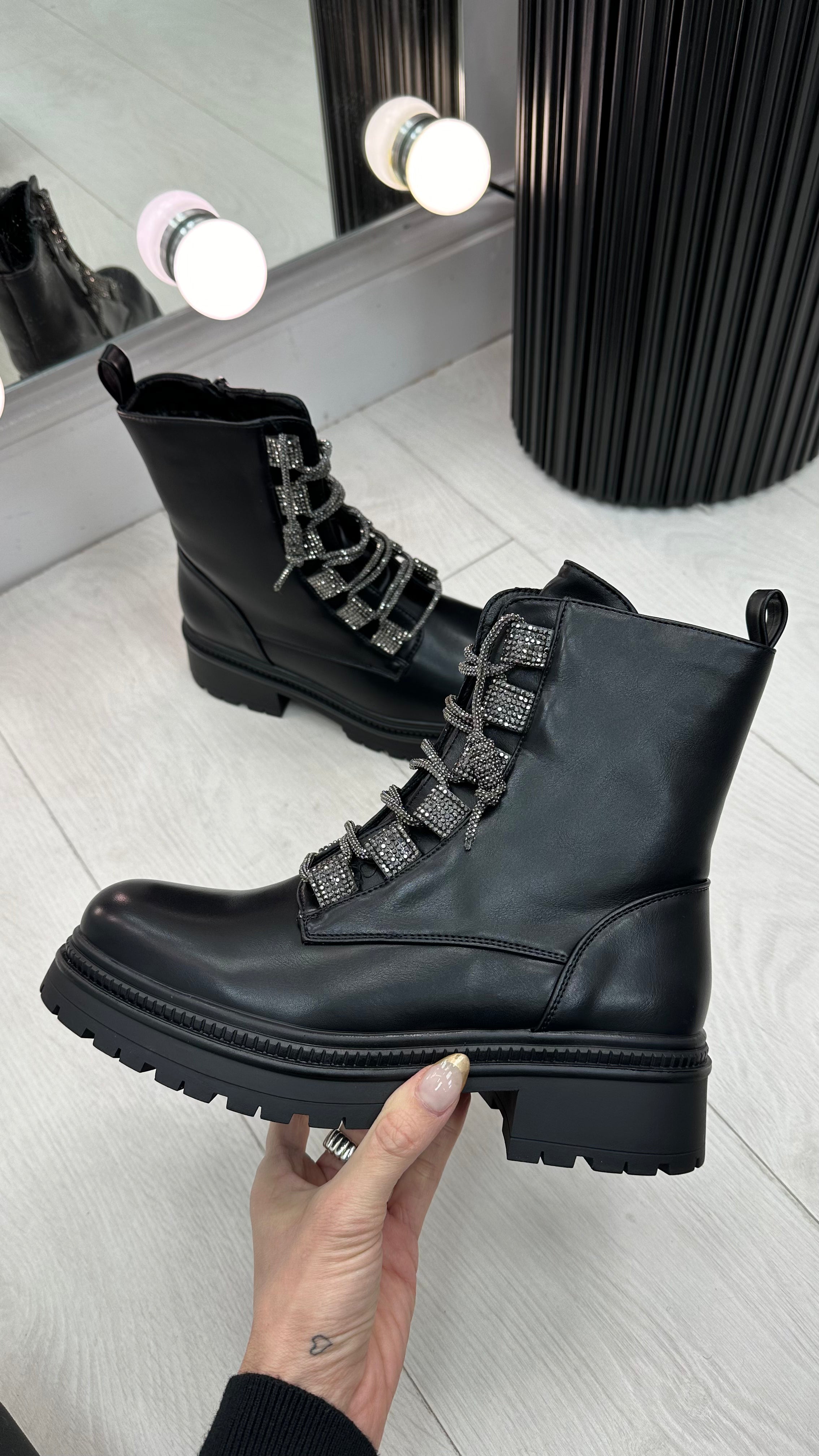 Kayley Faux Leather Diamante Lace Biker Boots BowsBoutiques Kayley Faux Leather Diamante Lace Biker Boots BowsBoutiques