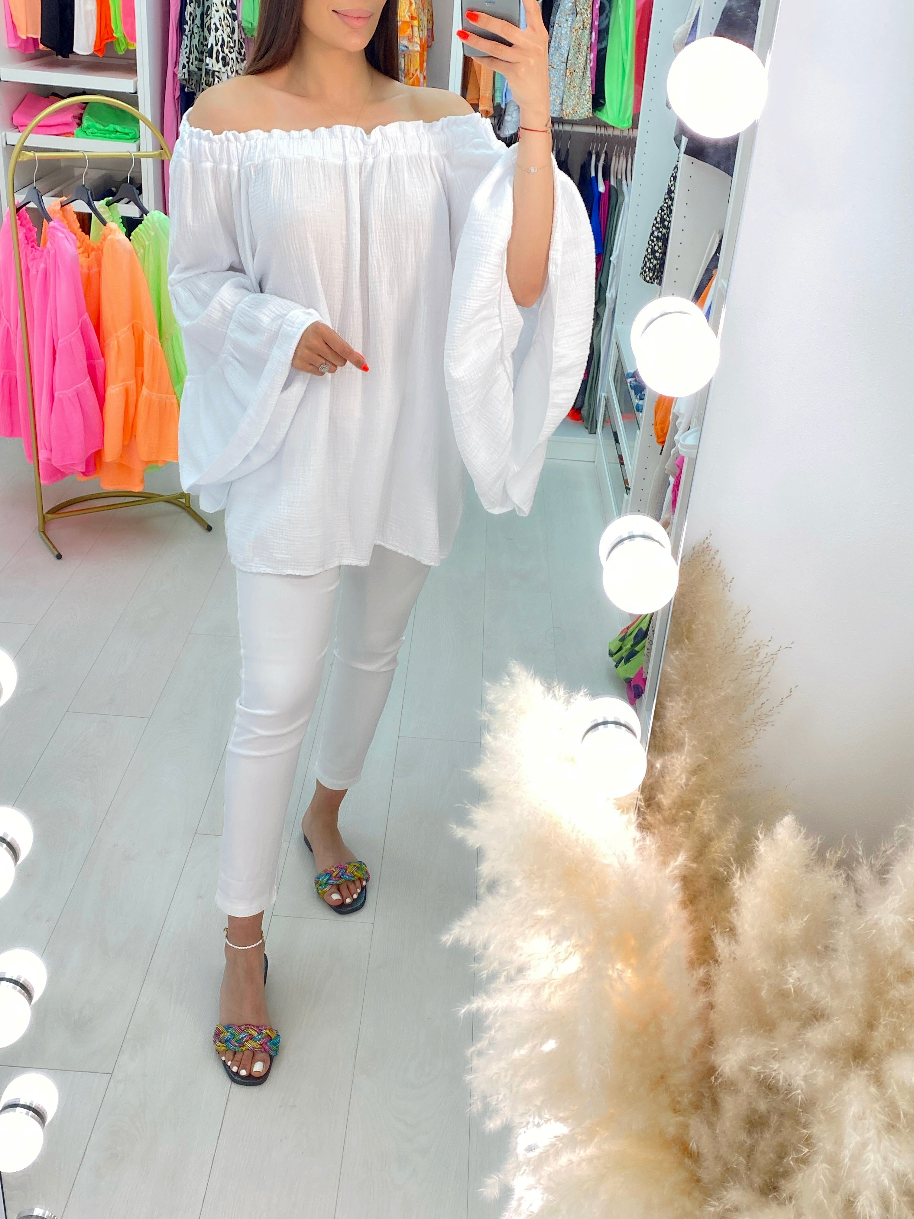 Delaney Cheesecloth Bardot Ruffle Sleeve Smock Top