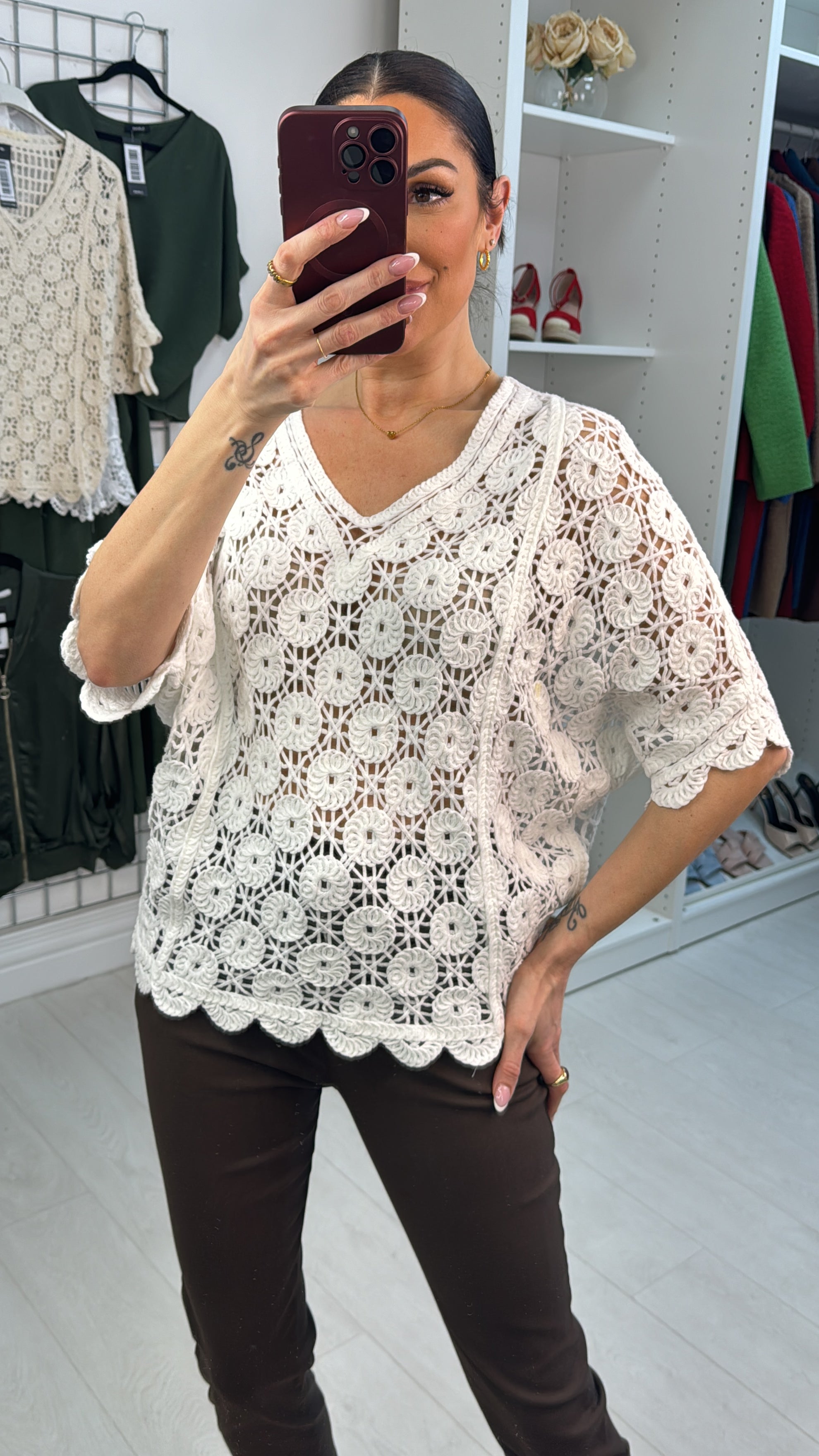 Raleigh V Neck Batwing Crochet Top