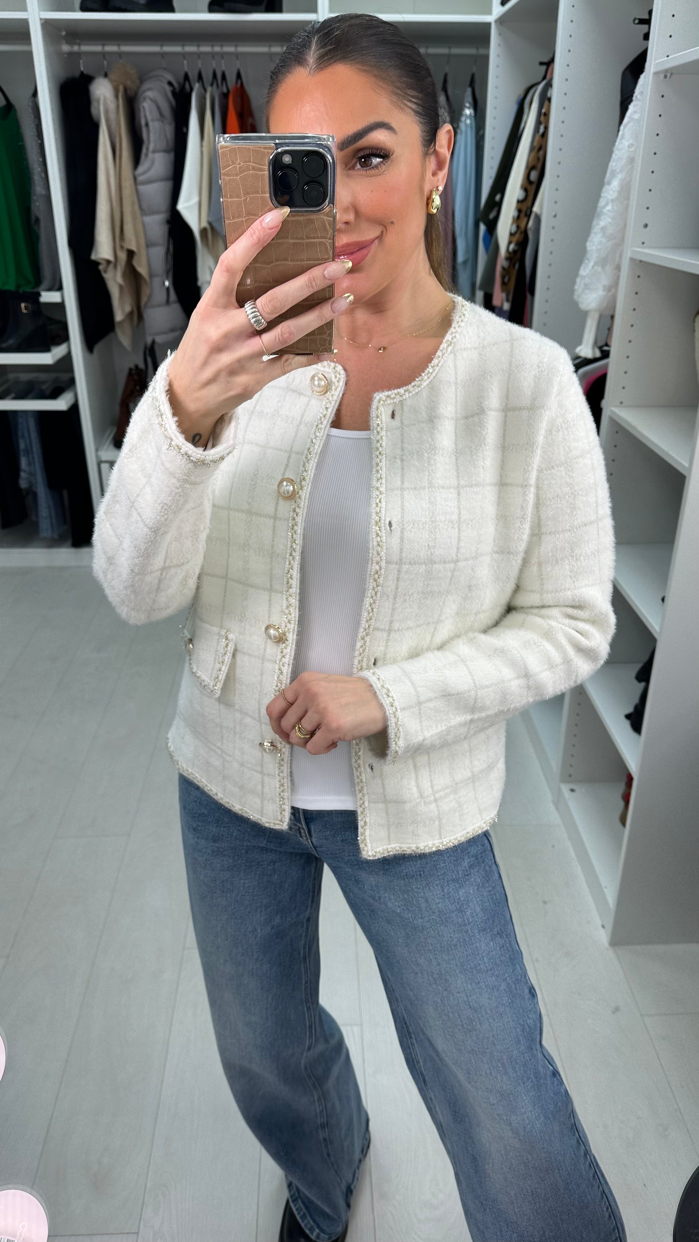 Stasia Fluffy Checkered Pearl Detailed Cardigan