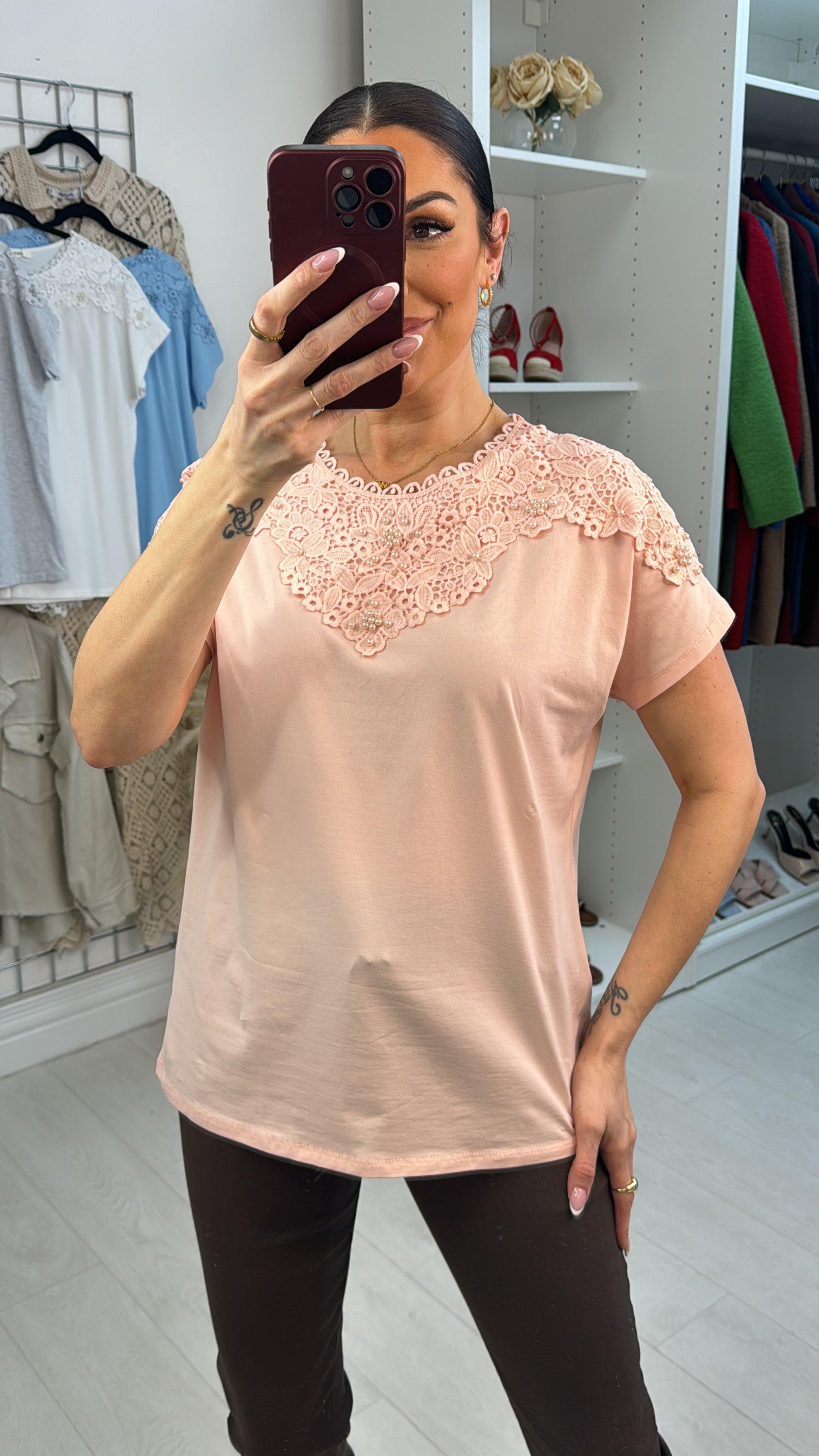 Livia Plain Pearl & Lace Detailed T-Shirt