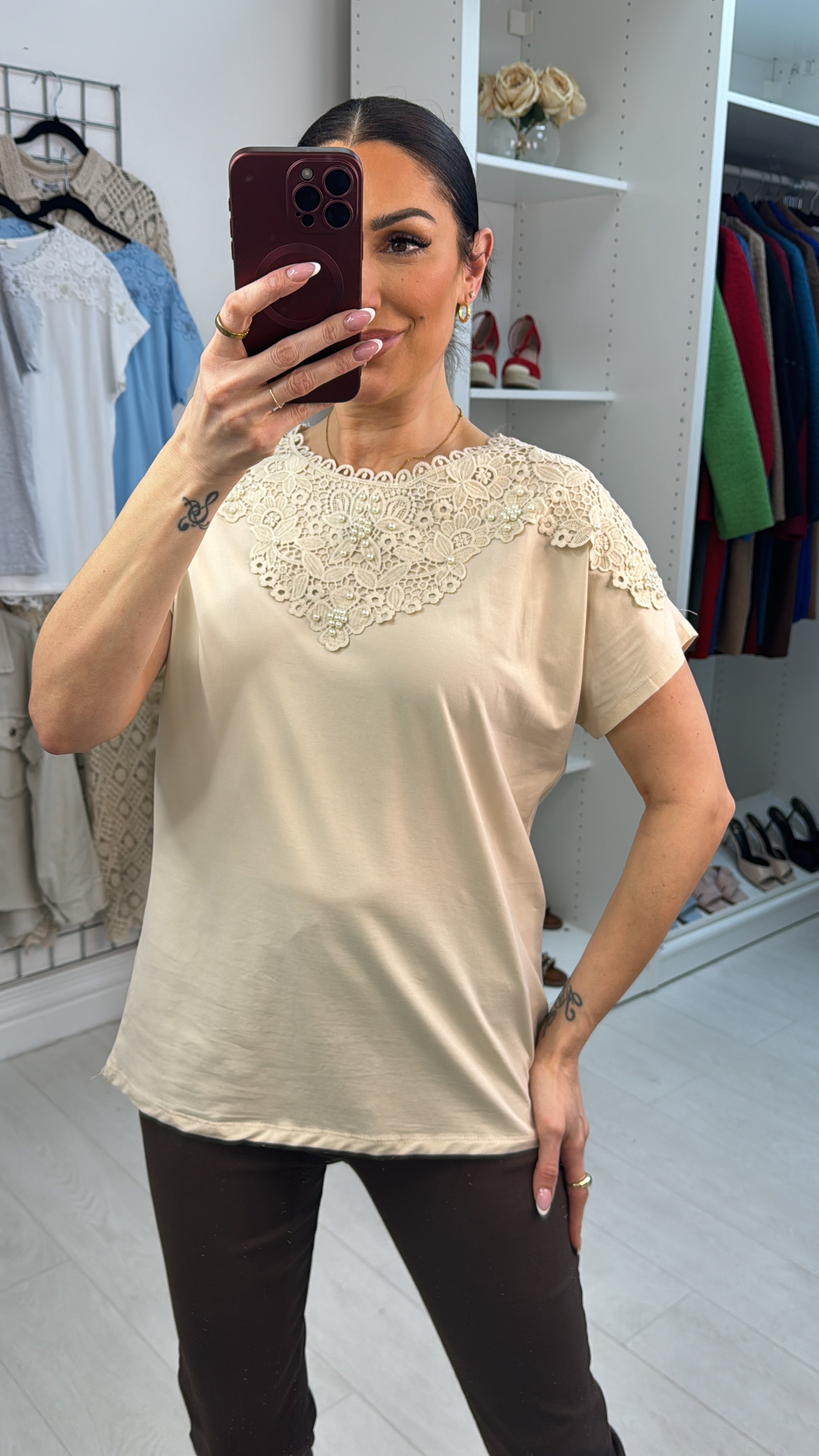 Livia Plain Pearl & Lace Detailed T-Shirt