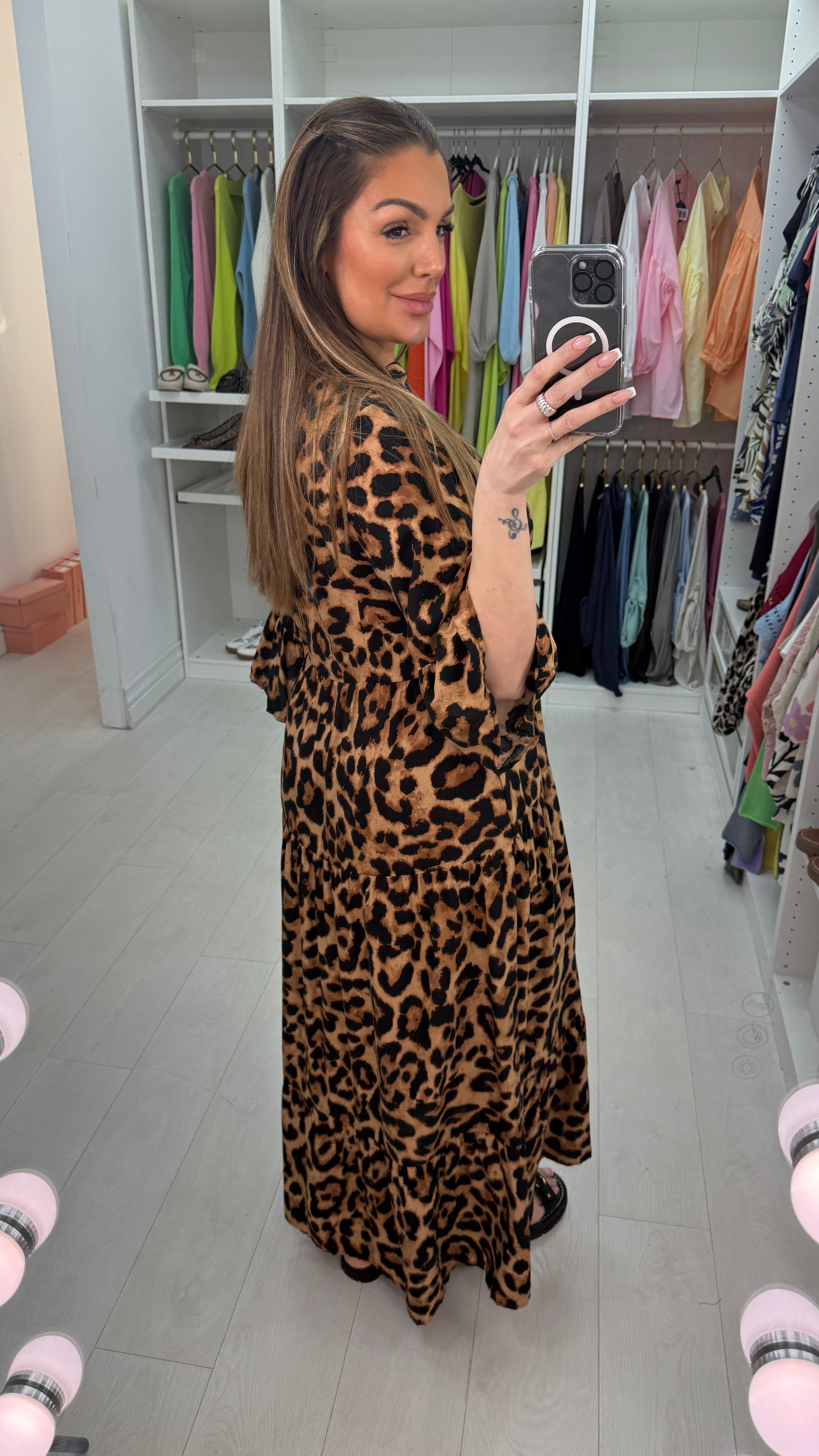 Fleur Camel Leopard Print Smock Maxi Dress
