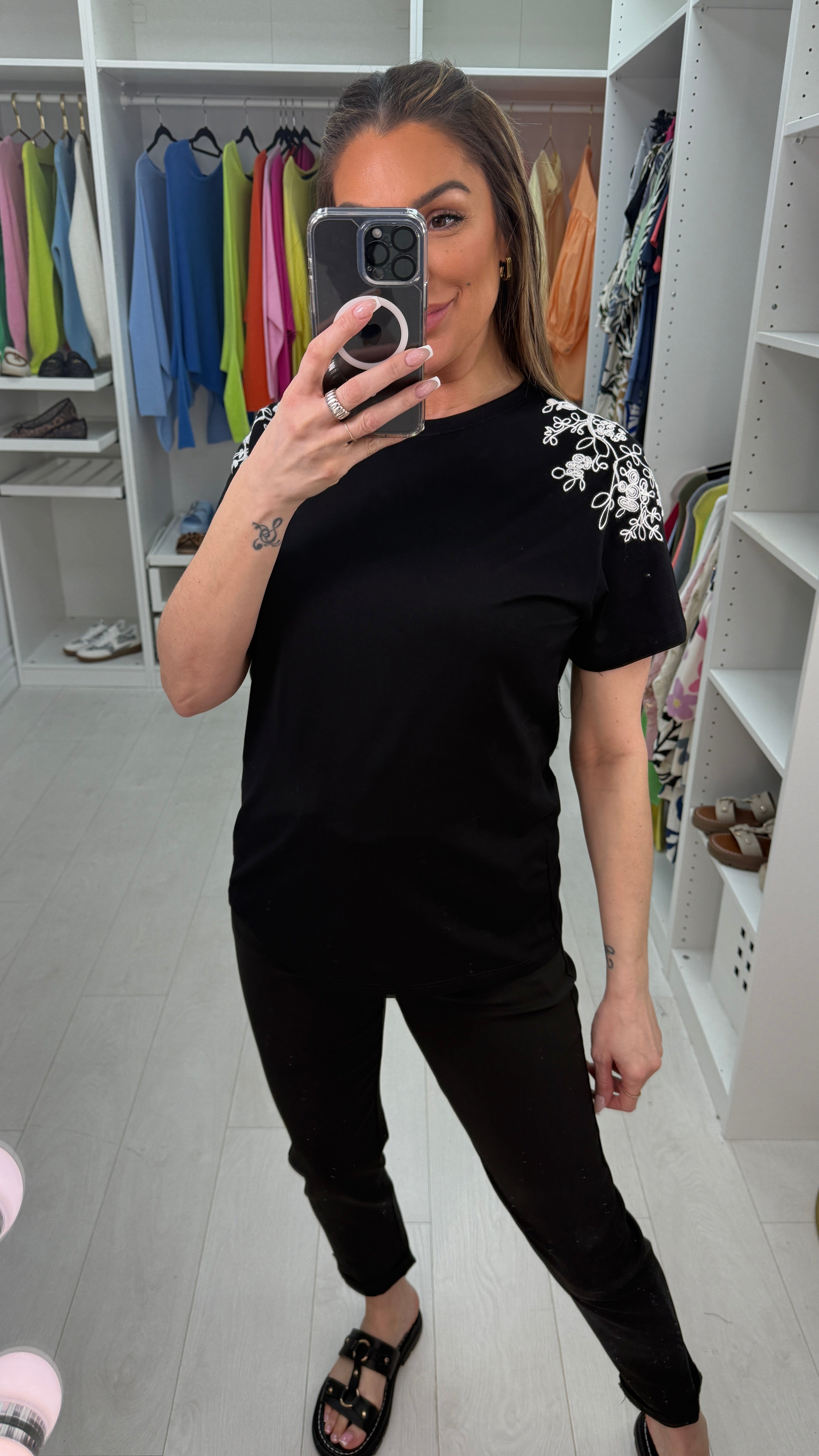 Beckie Plain Embroidered Shoulder Detail T-Shirt
