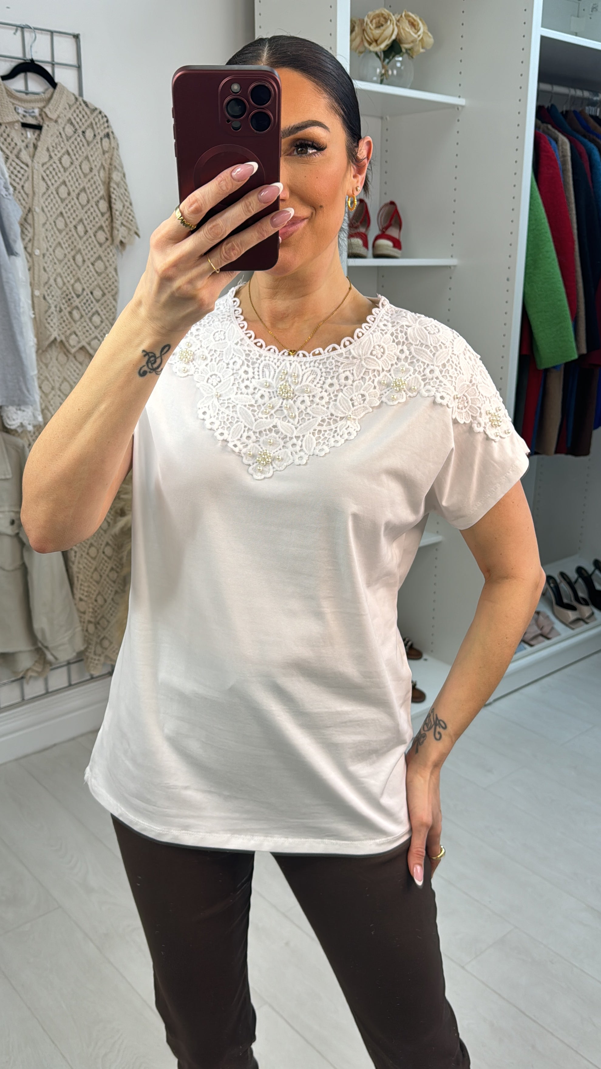 Livia Plain Pearl & Lace Detailed T-Shirt