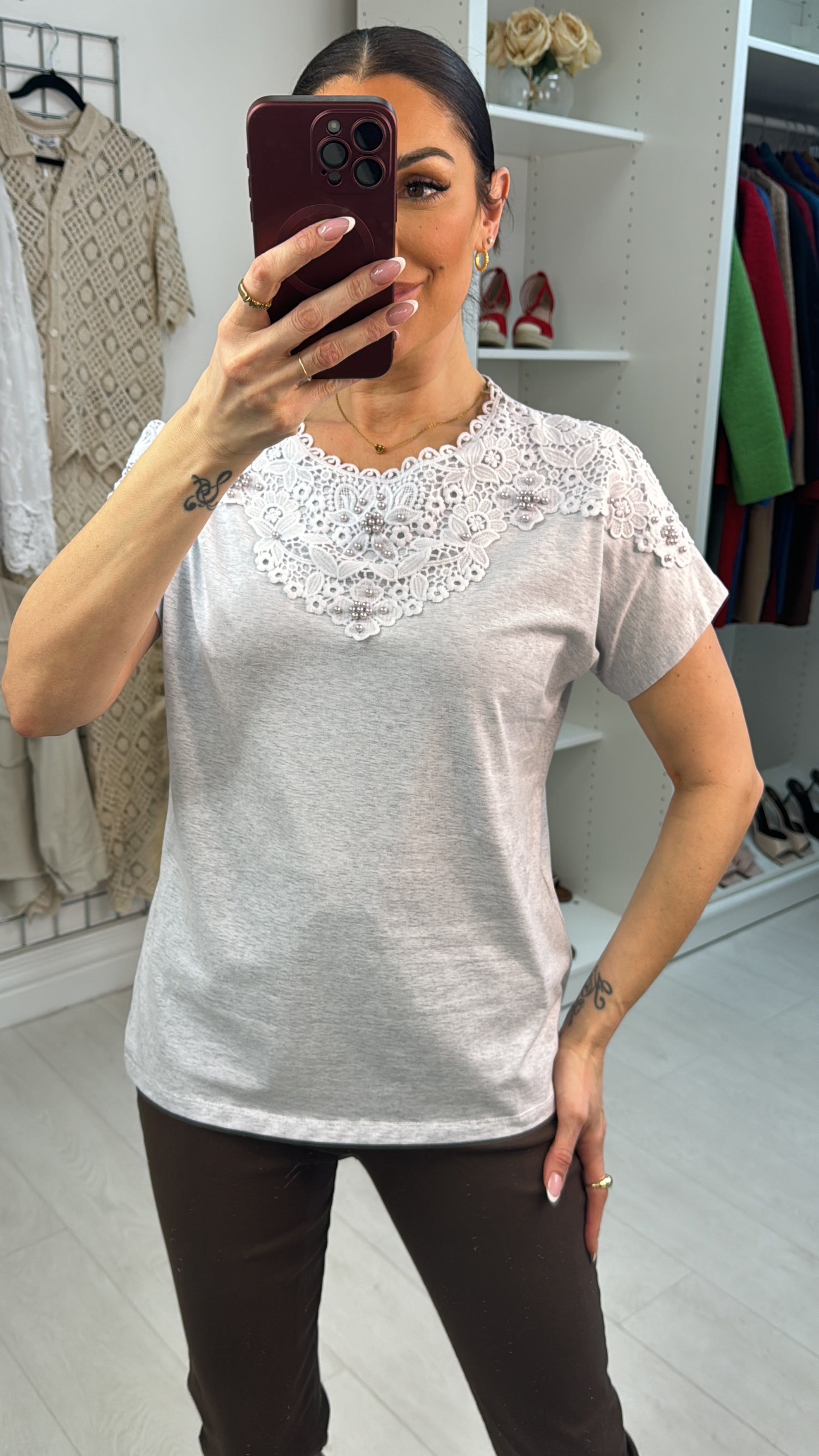 Livia Plain Pearl & Lace Detailed T-Shirt