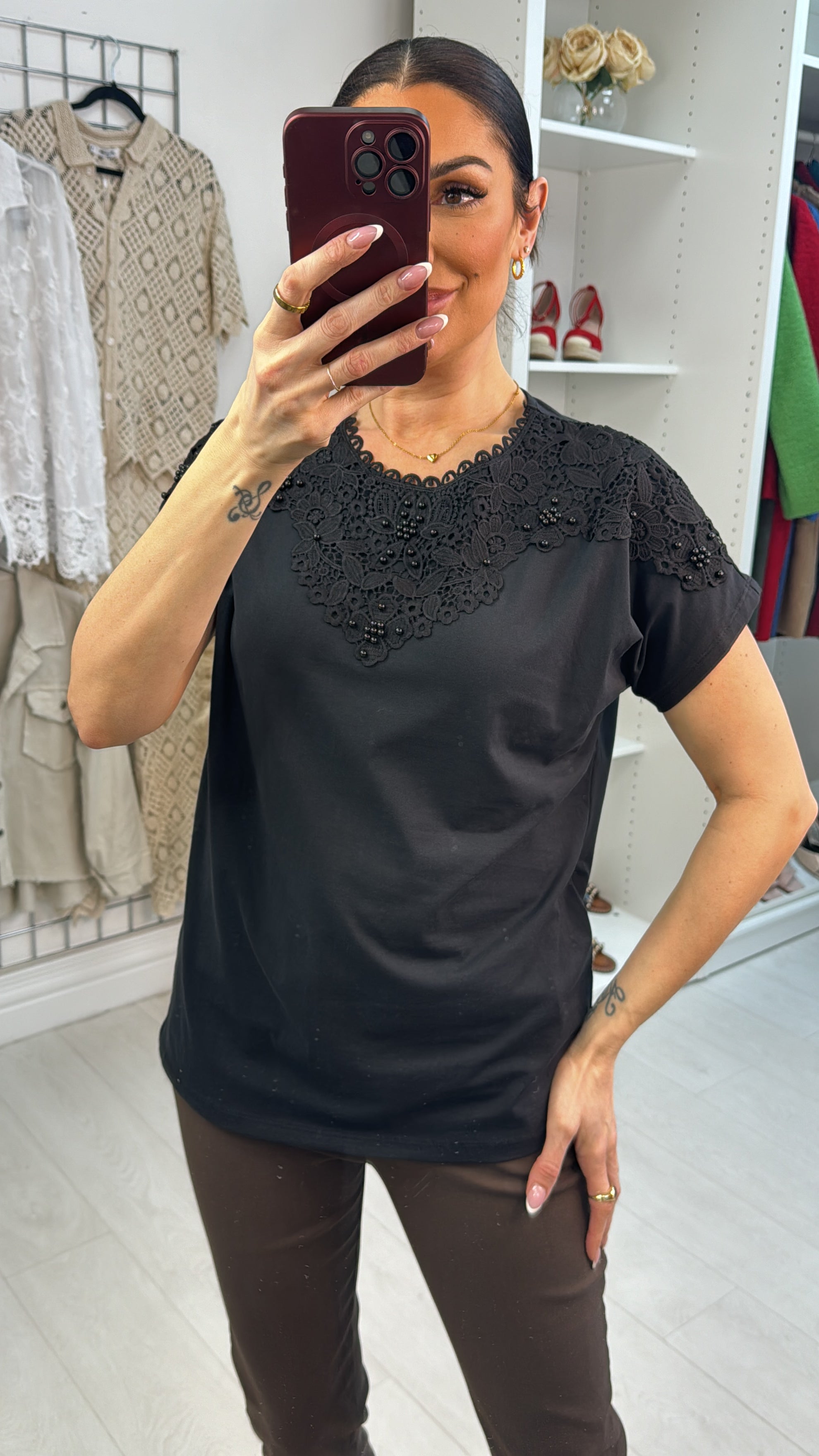 Livia Plain Pearl & Lace Detailed T-Shirt