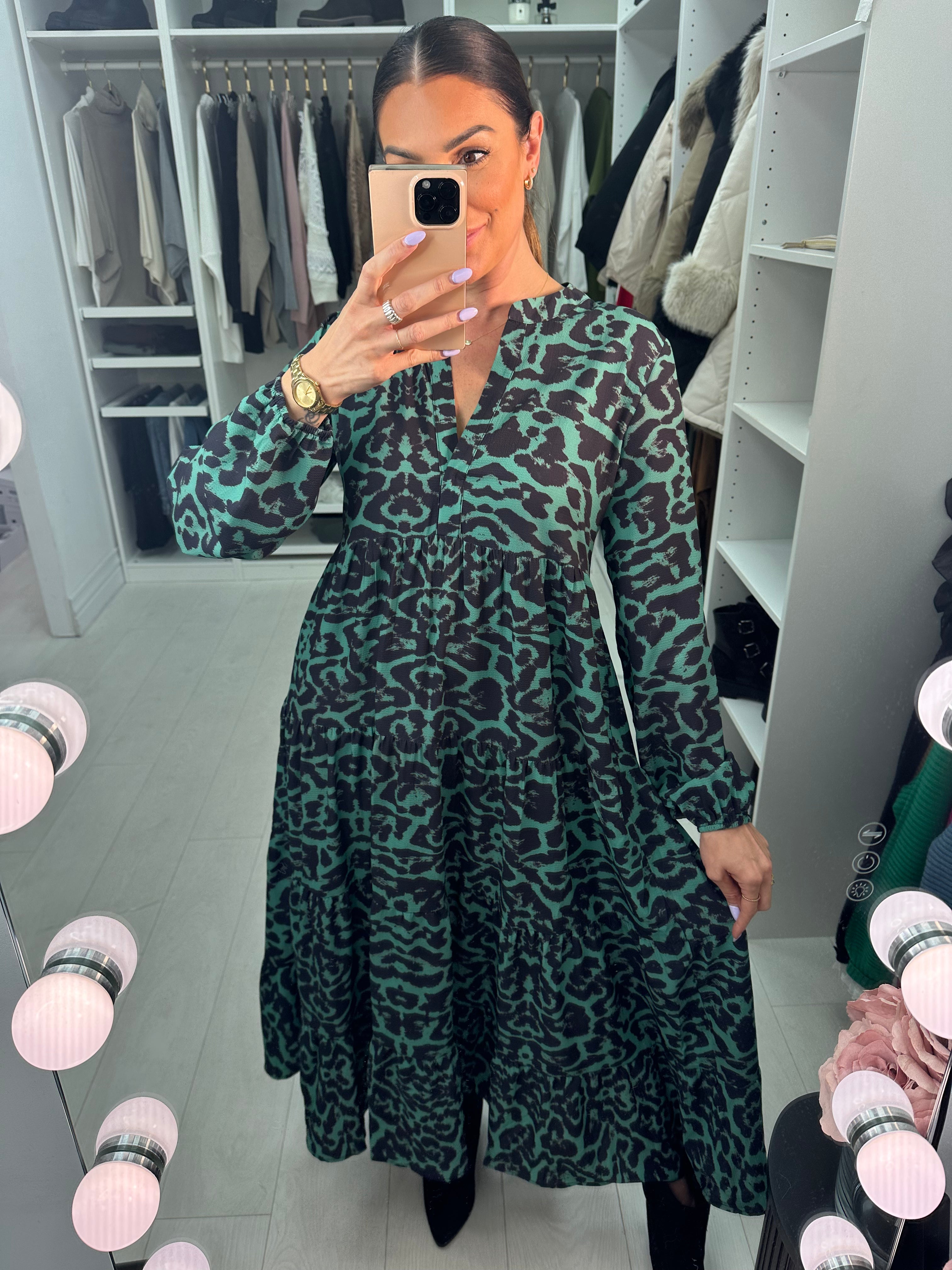 Jude Leopard Print Green And Navy Tiered Maxi Smock Dress
