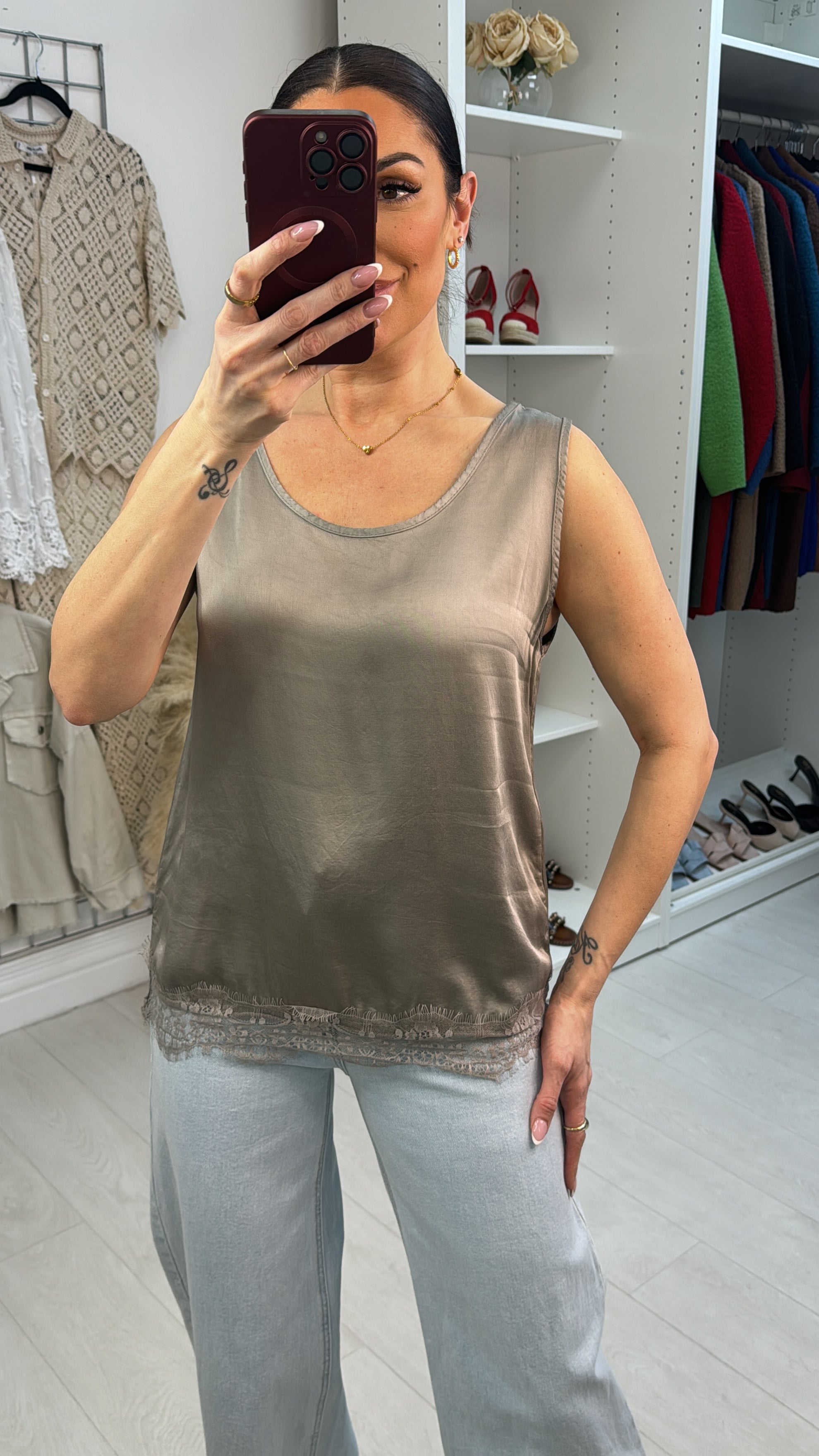 Alena Plain Lace Trim Satin Top