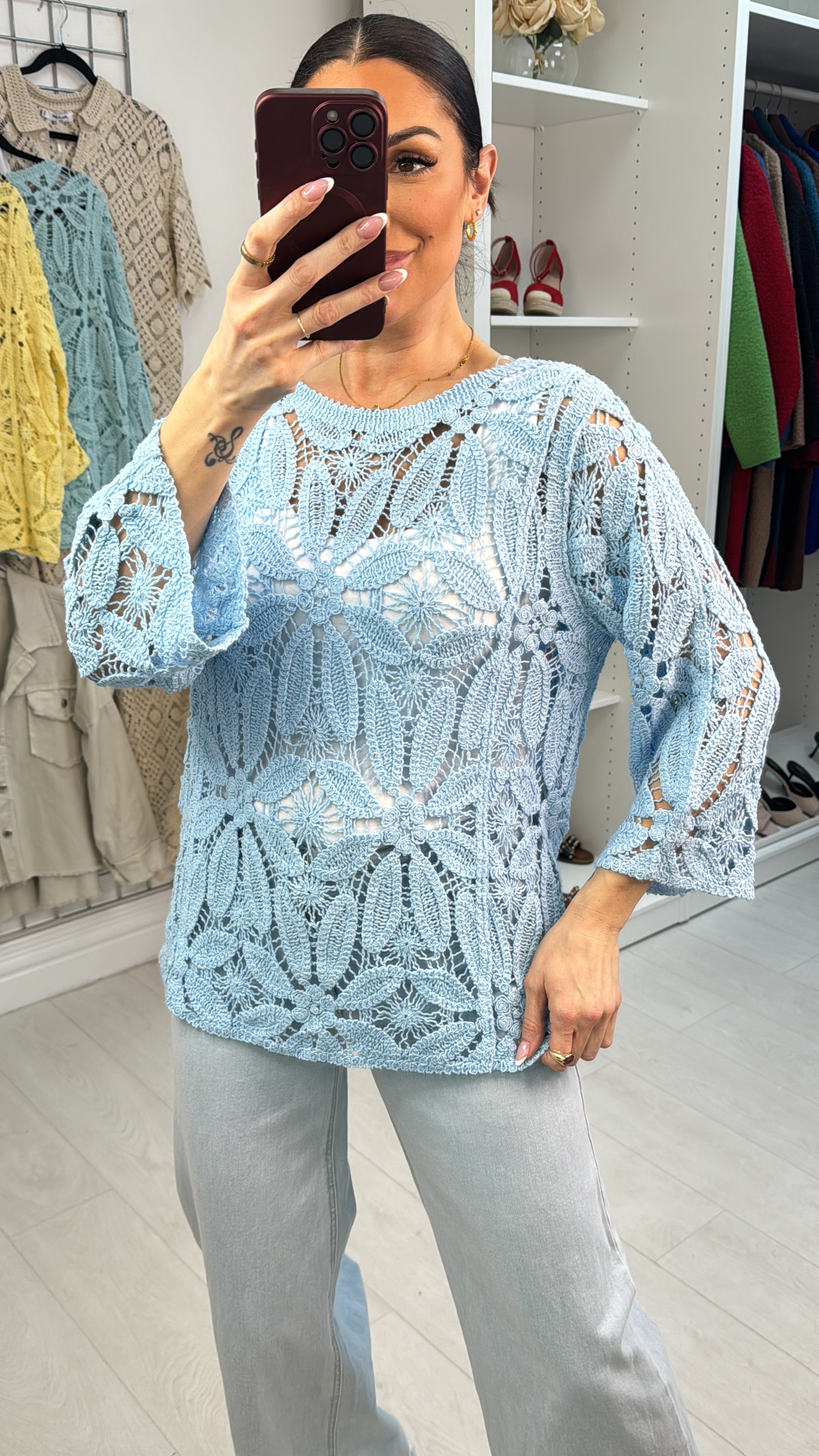 Rainey Crochet 3/4 Sleeve Top