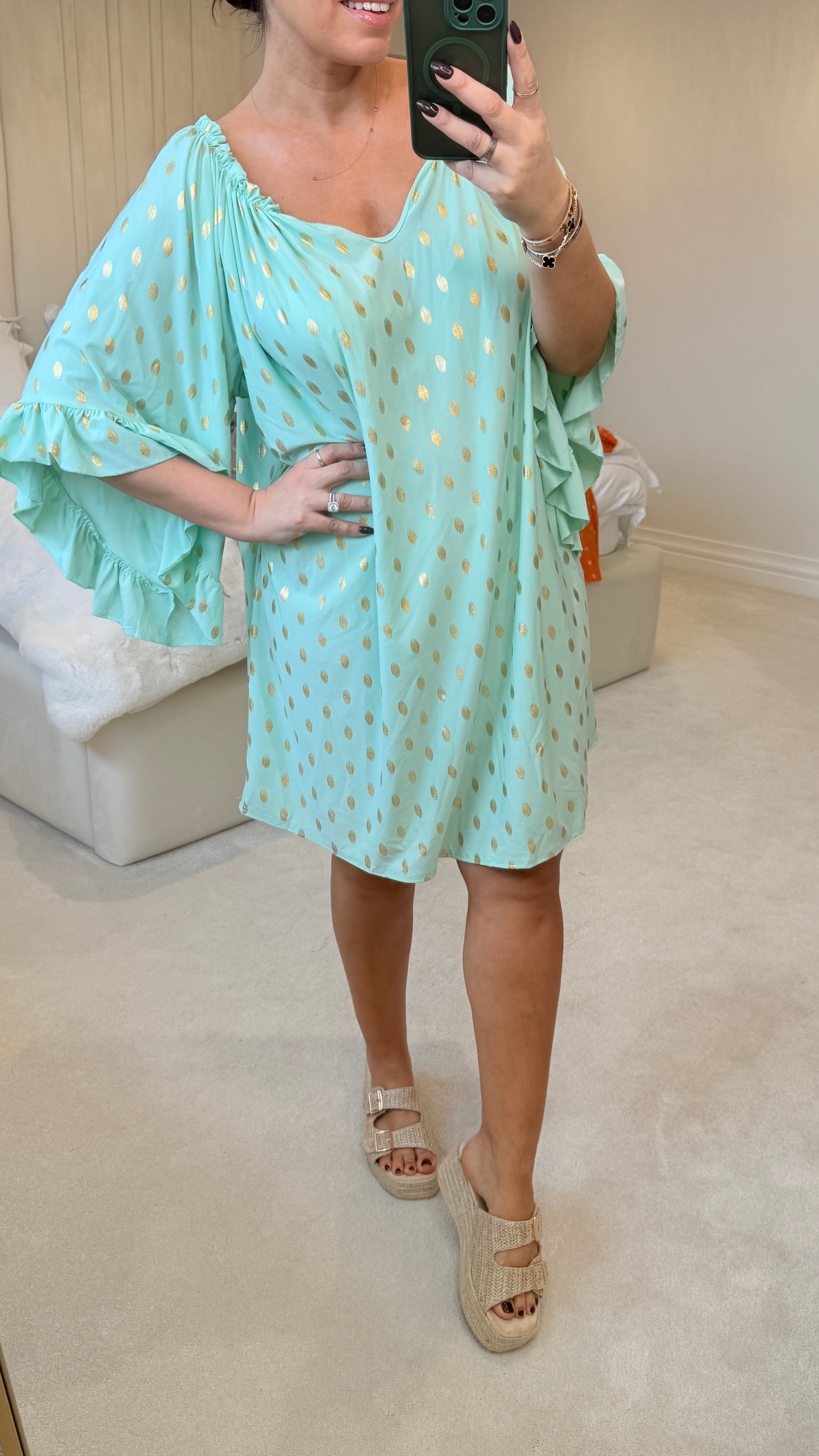 Elodie Gold Polka Print Bardot Dress