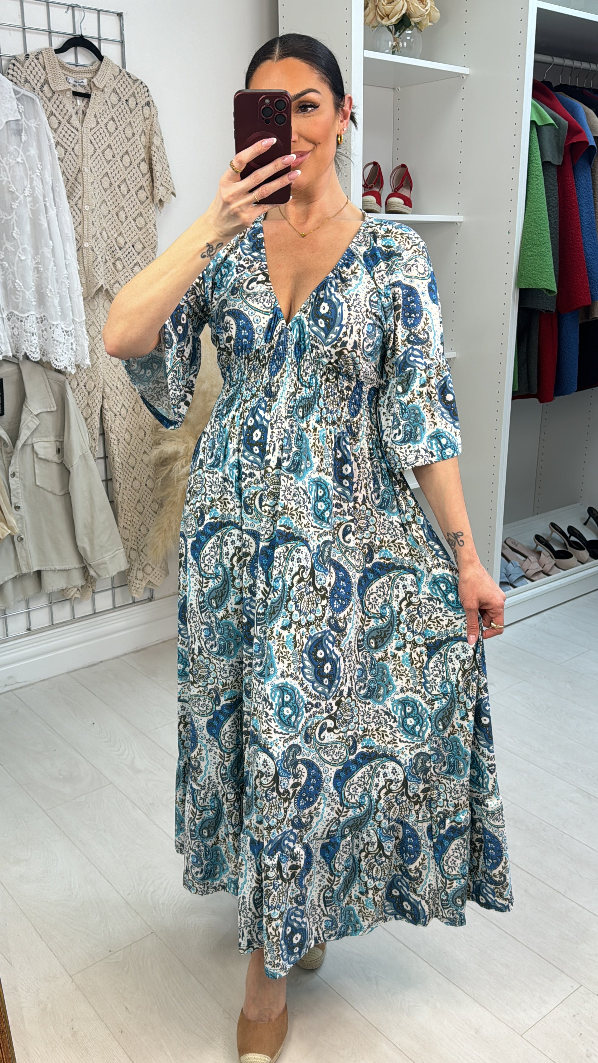 Sylvia Paisley Print Shirred Waist Magic Maxi Dress