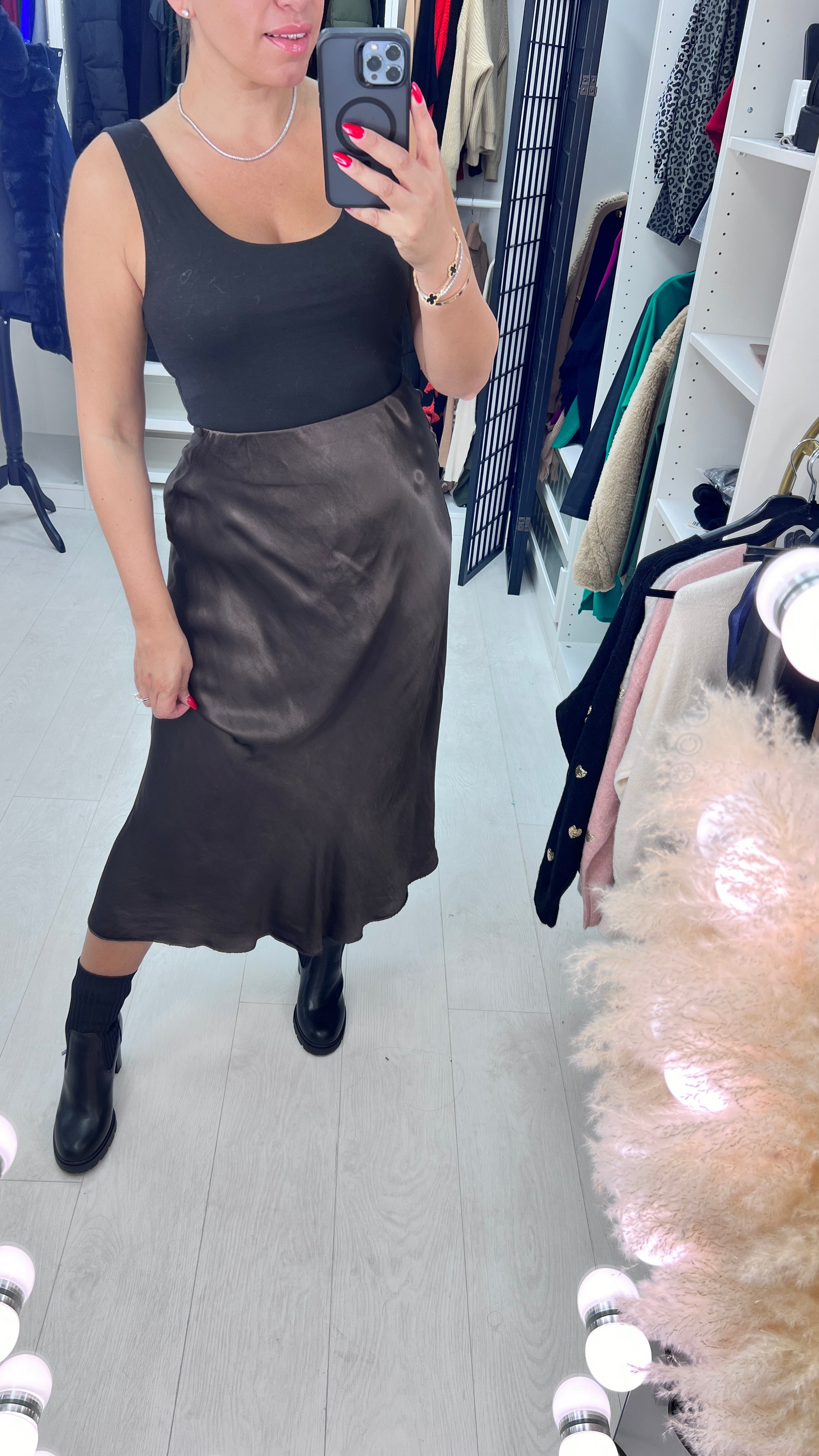 Drea Elasticated Waist Satin Midi Skirt