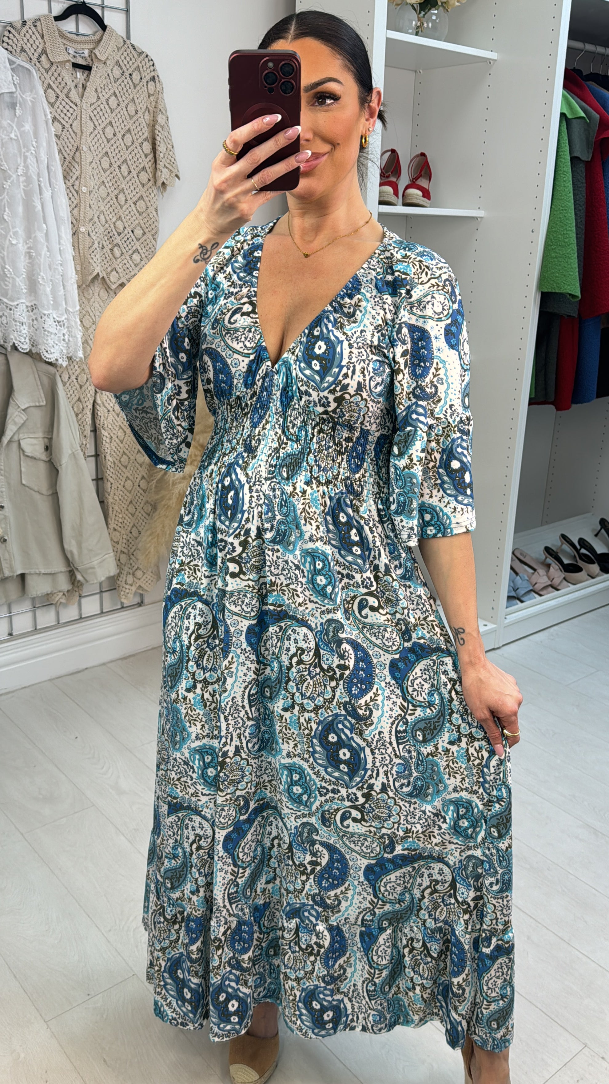 Sylvia Paisley Print Shirred Waist Magic Maxi Dress