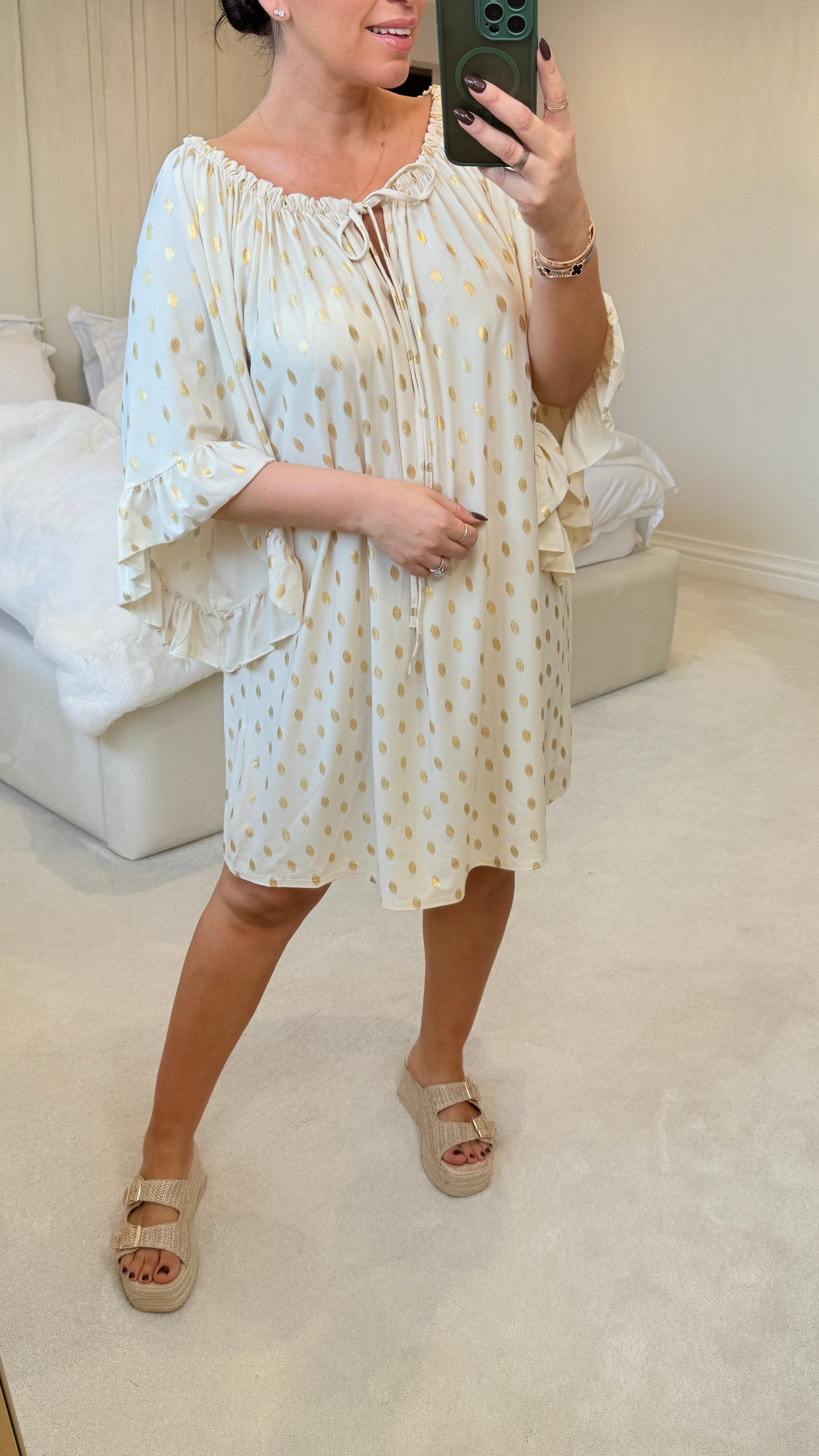 Elodie Gold Polka Print Bardot Dress