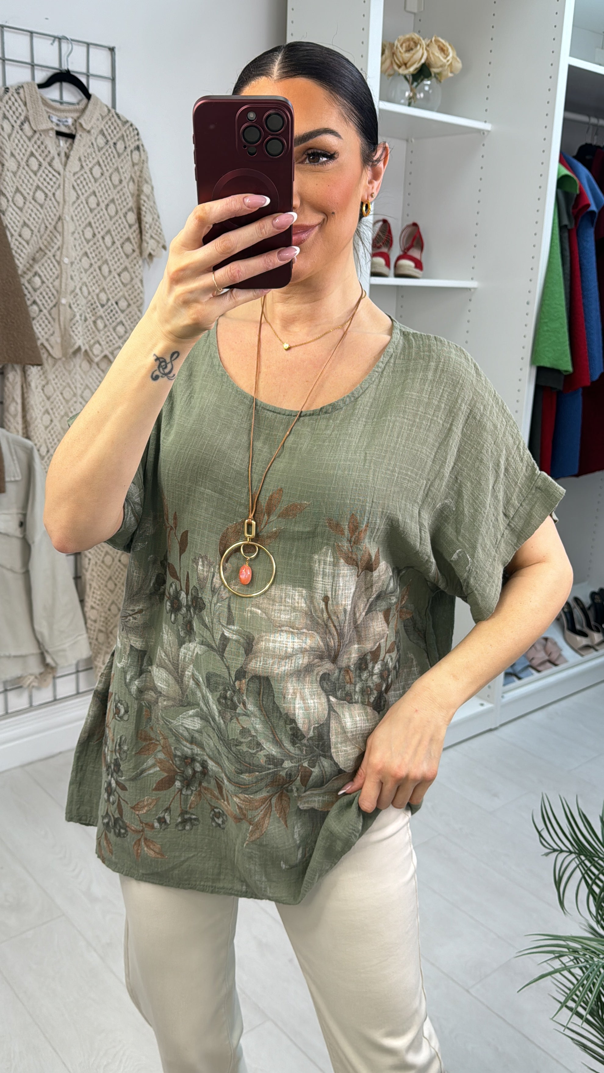 Sheila Floral Print Necklace Short Sleeve Top