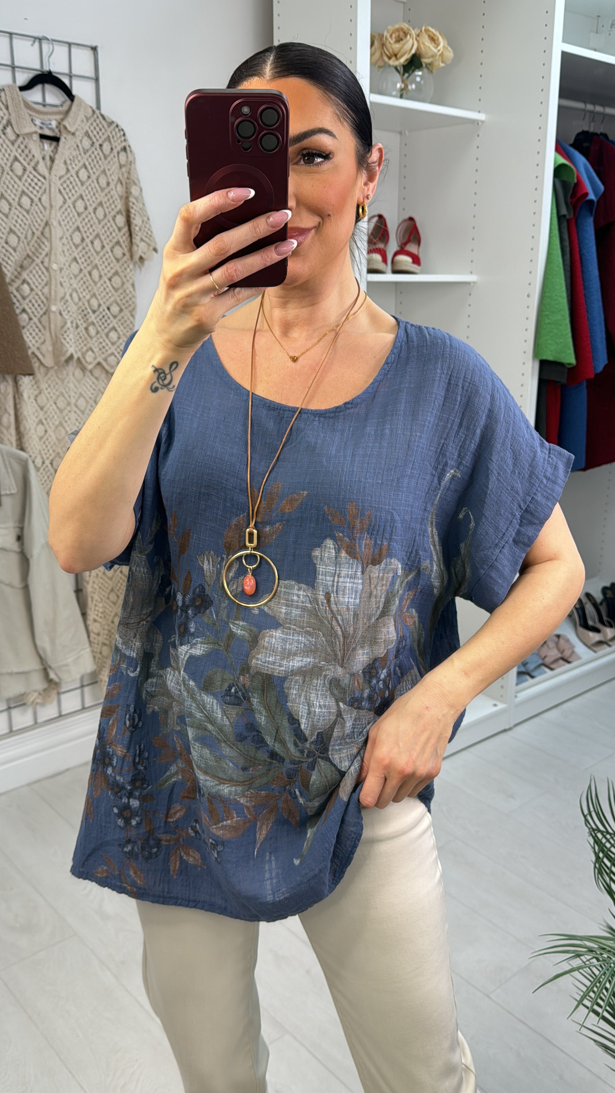 Sheila Floral Print Necklace Short Sleeve Top