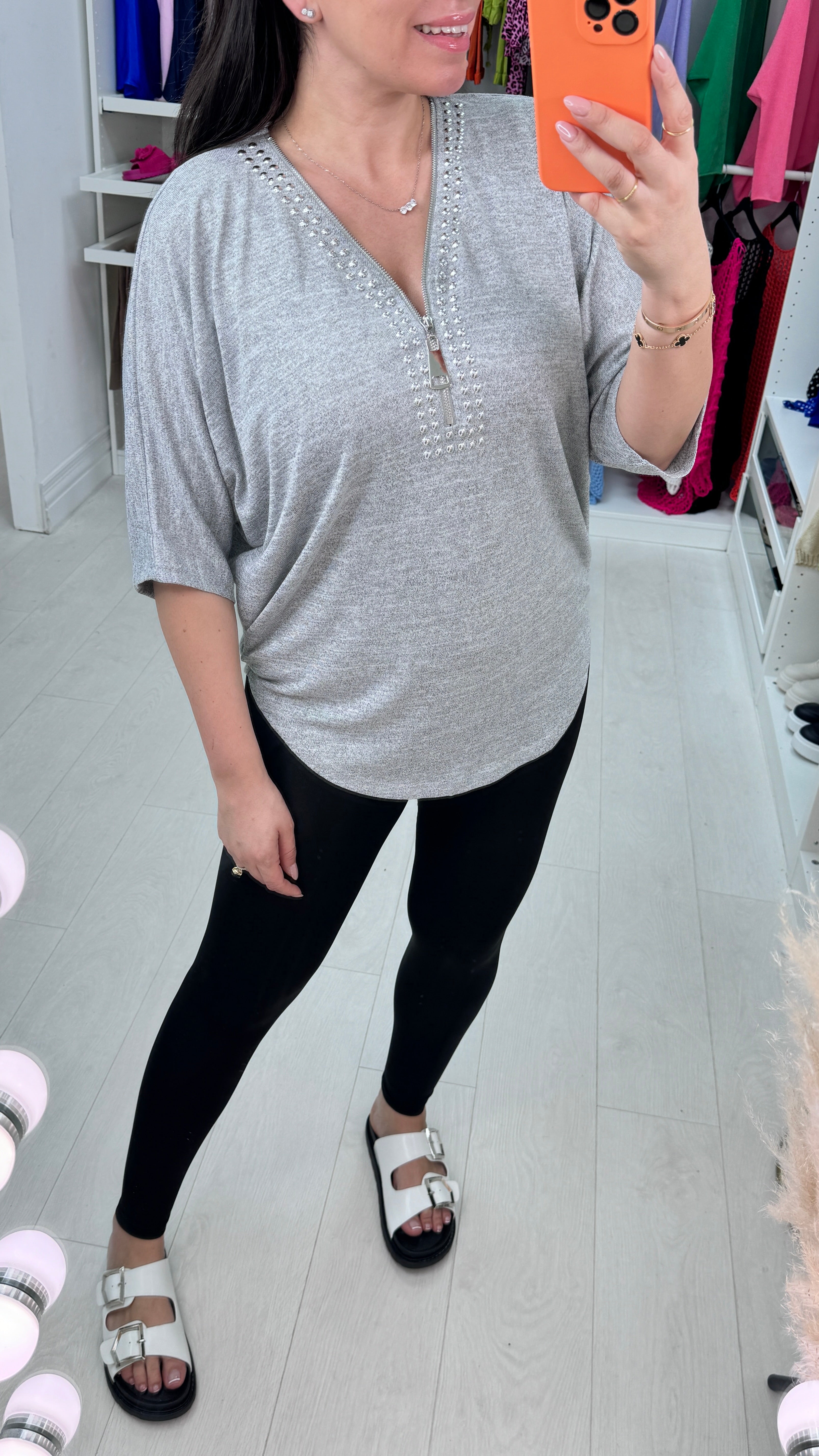 Nour Studded V-Neck Zip Front Top