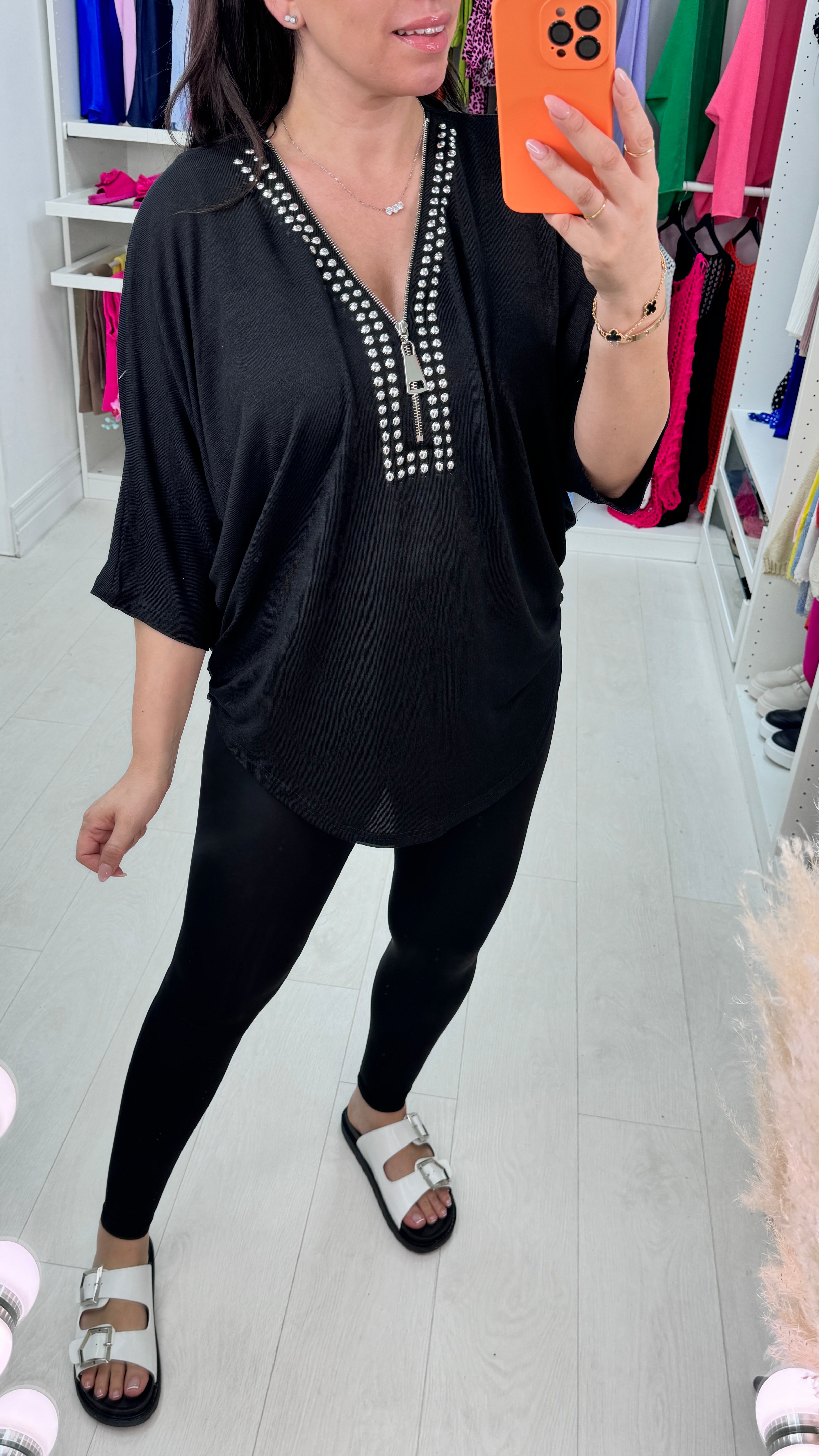 Nour Studded V-Neck Zip Front Top