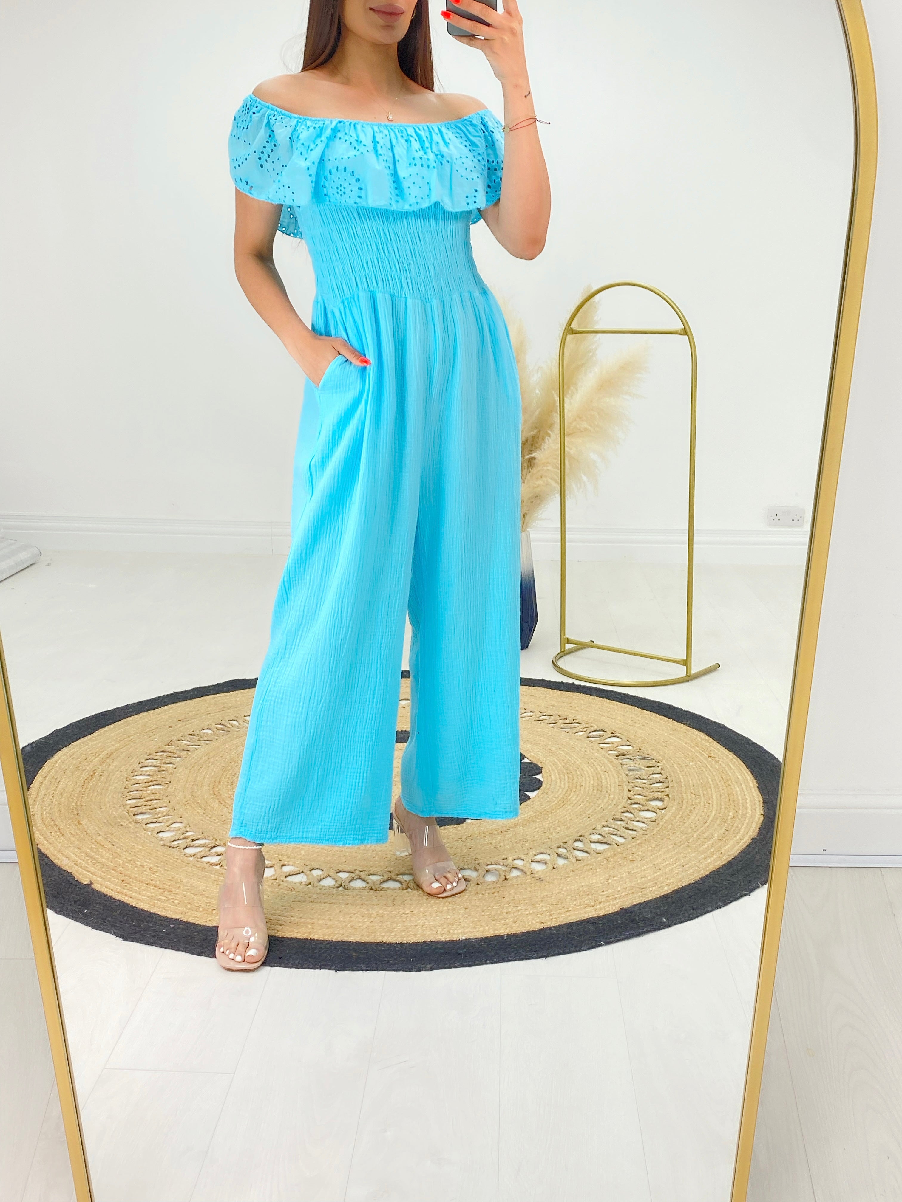 Priscilla Cheesecloth Broderie Frill Bardot Jumpsuit