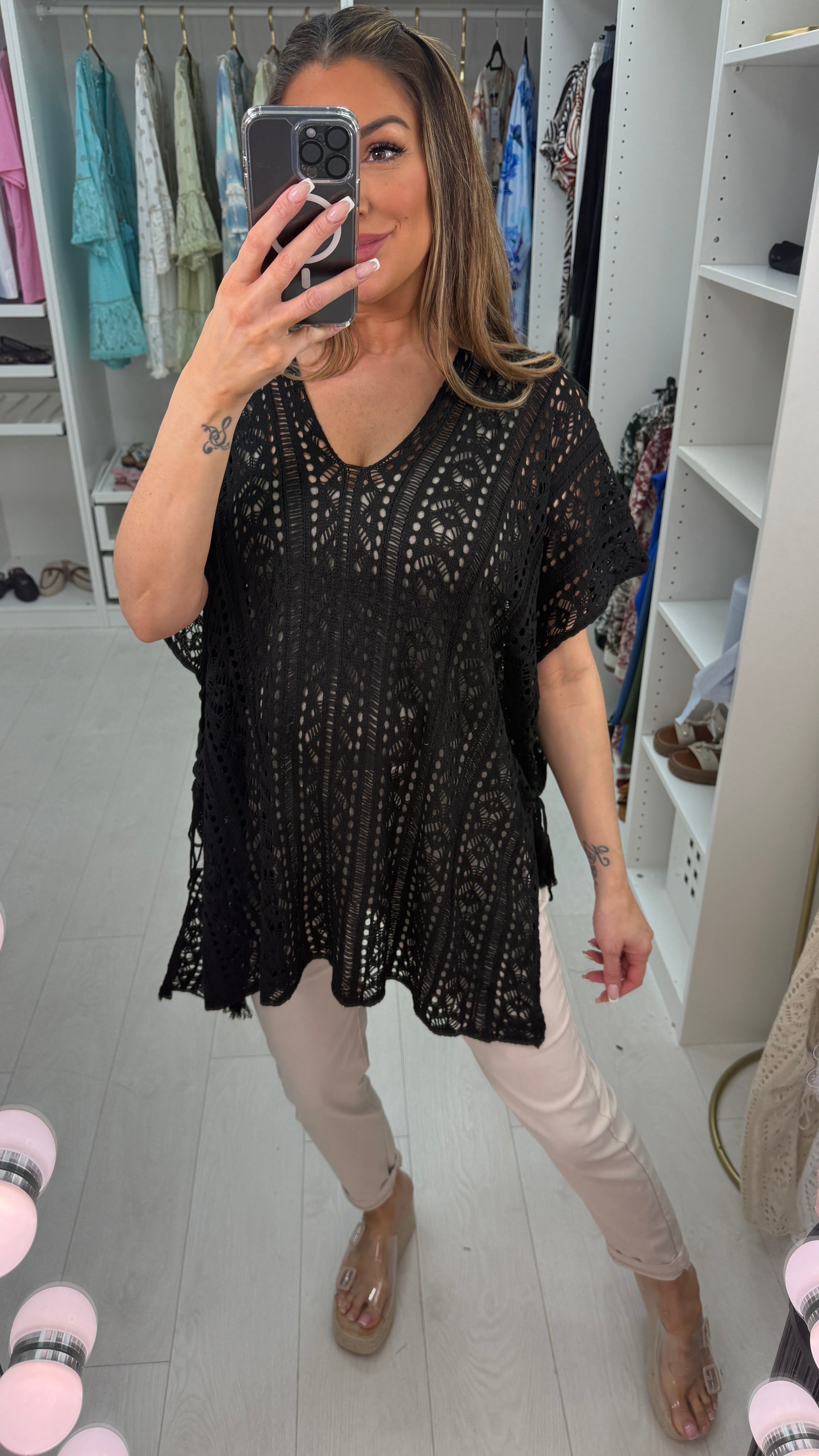 Omira V Neck Loose Fit Asymmetric Crochet Top