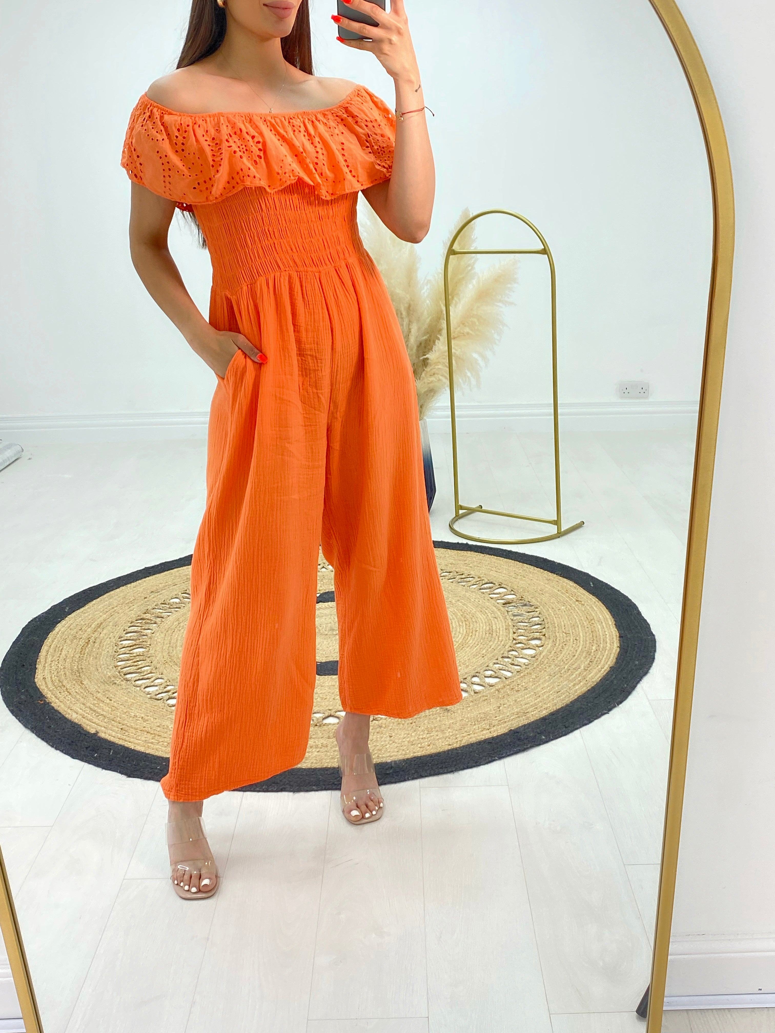 Priscilla Cheesecloth Broderie Frill Bardot Jumpsuit