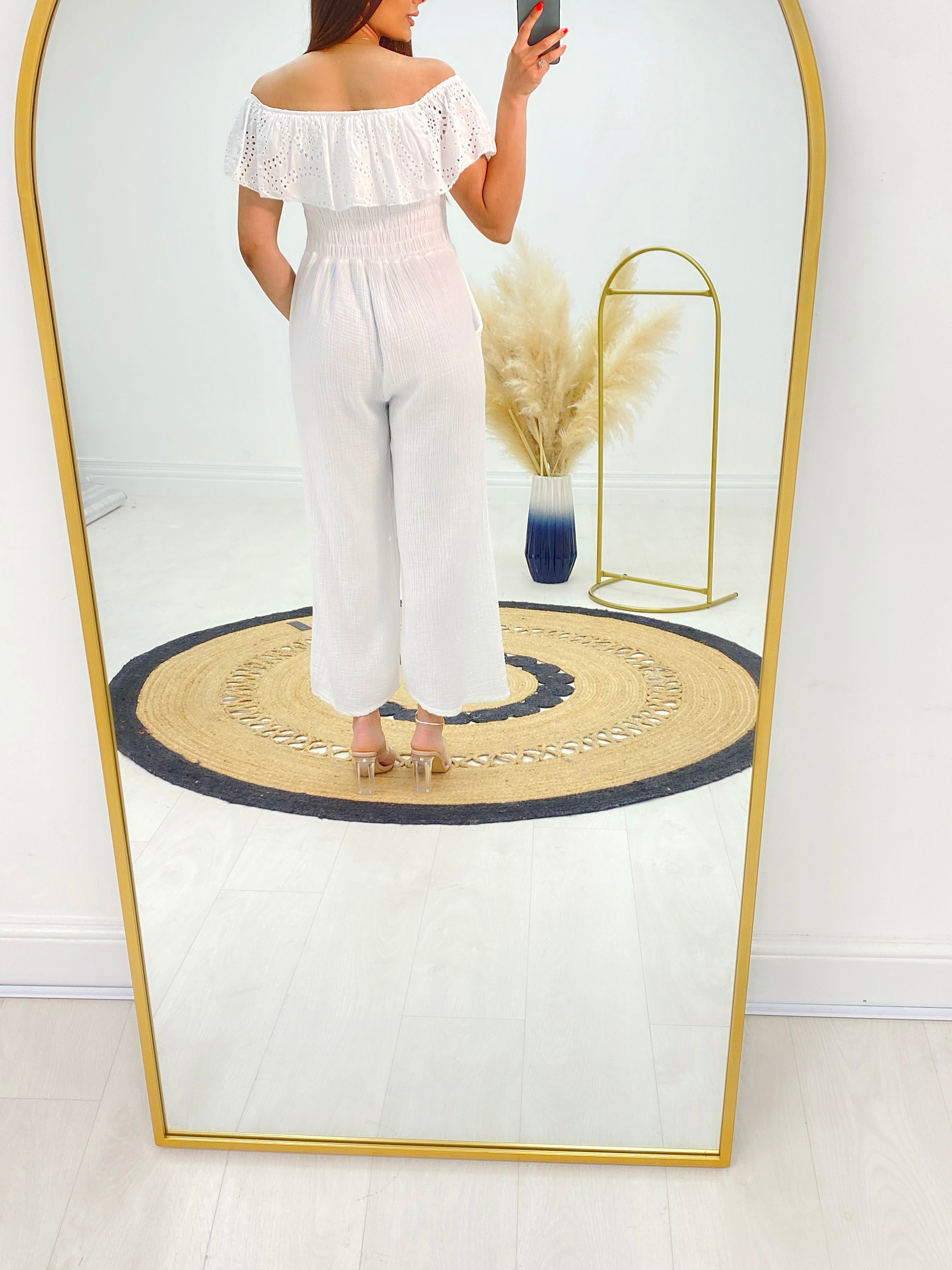 Priscilla Cheesecloth Broderie Frill Bardot Jumpsuit