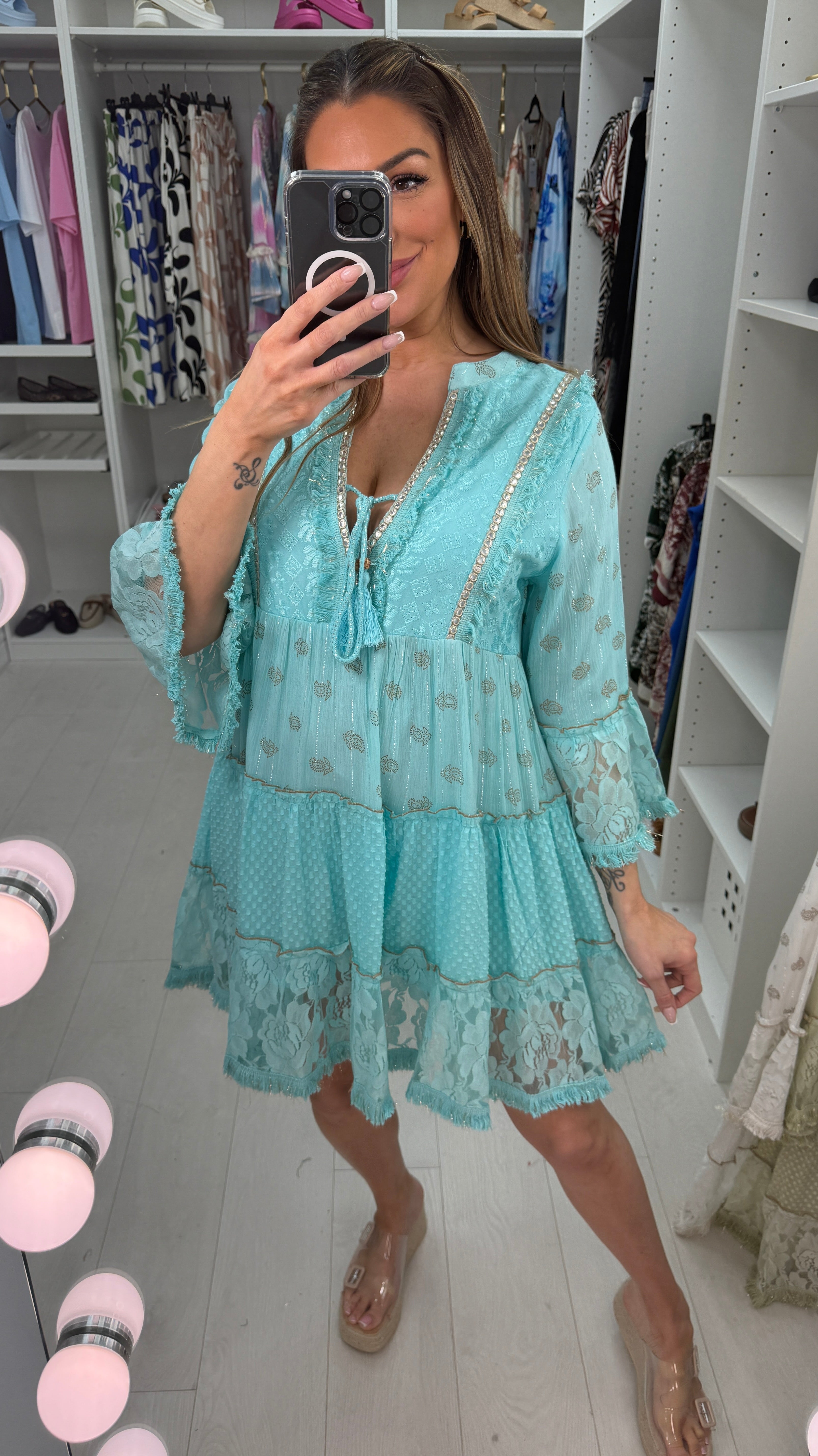 Halli Embellished V Neck Smock Midi Dress