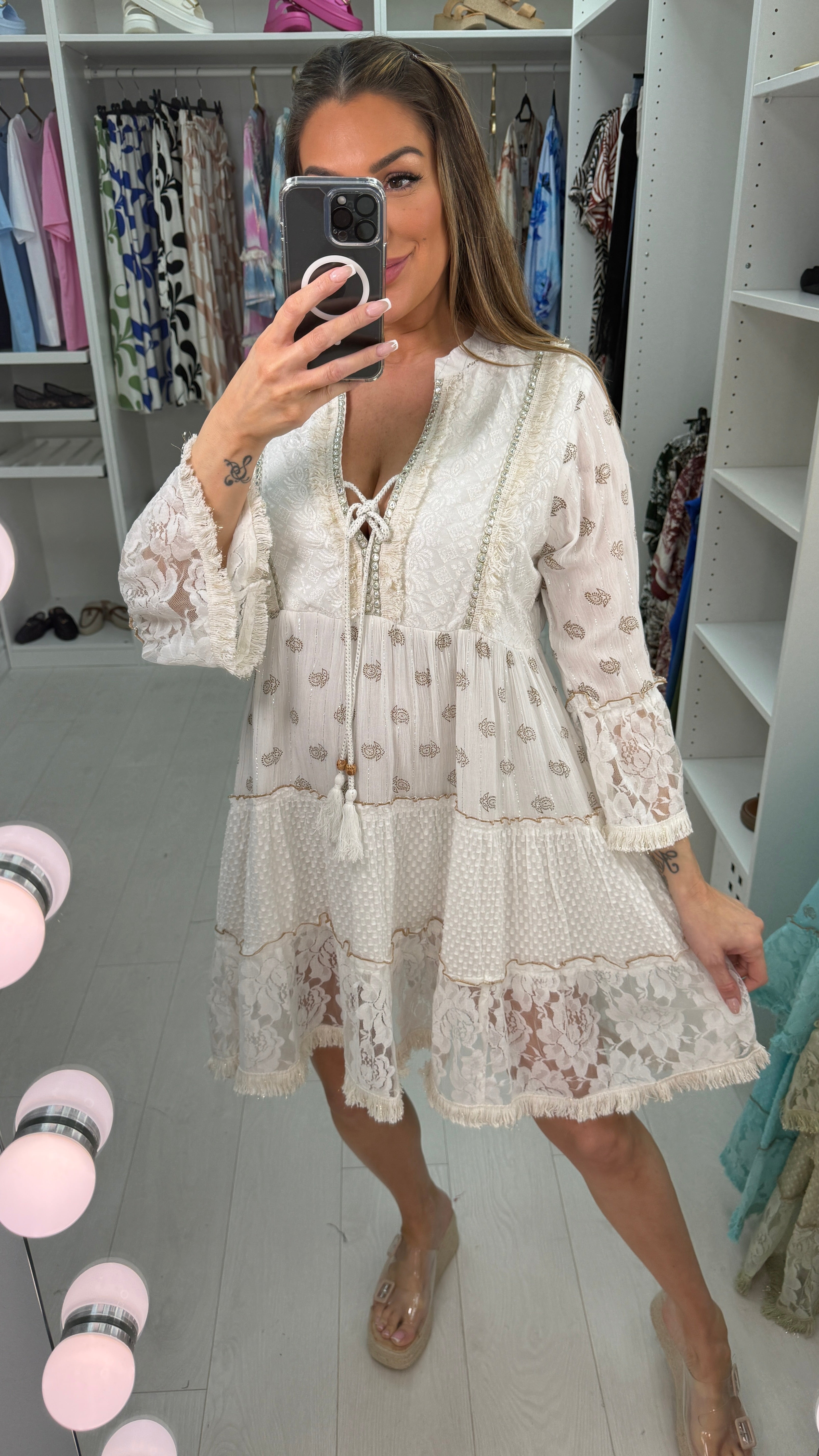 Halli Embellished V Neck Smock Midi Dress