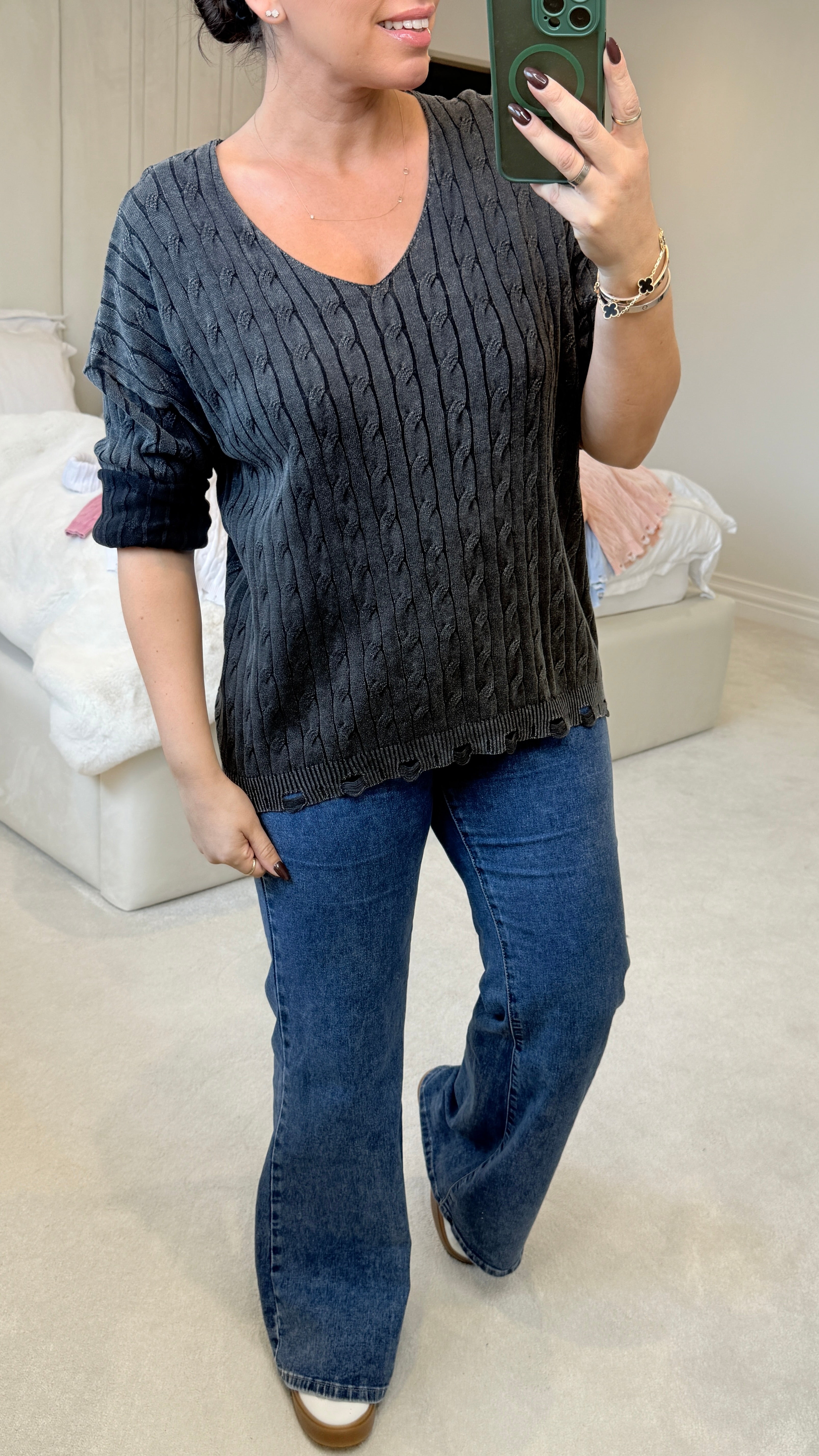 Alice Plain V Neck Cable Knit Jumper