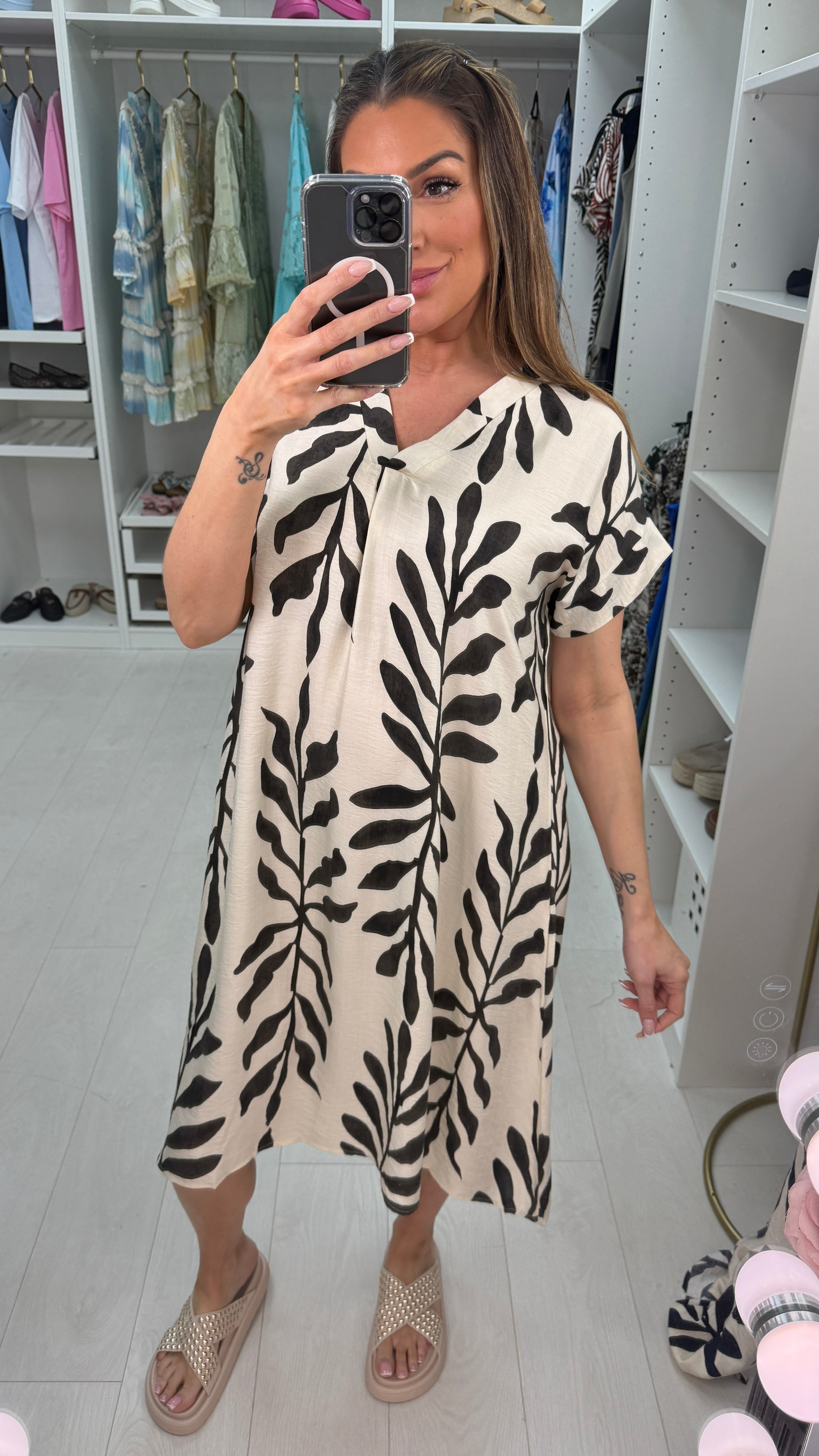 Hera Leaf Print V Neck Loose Fit Dress