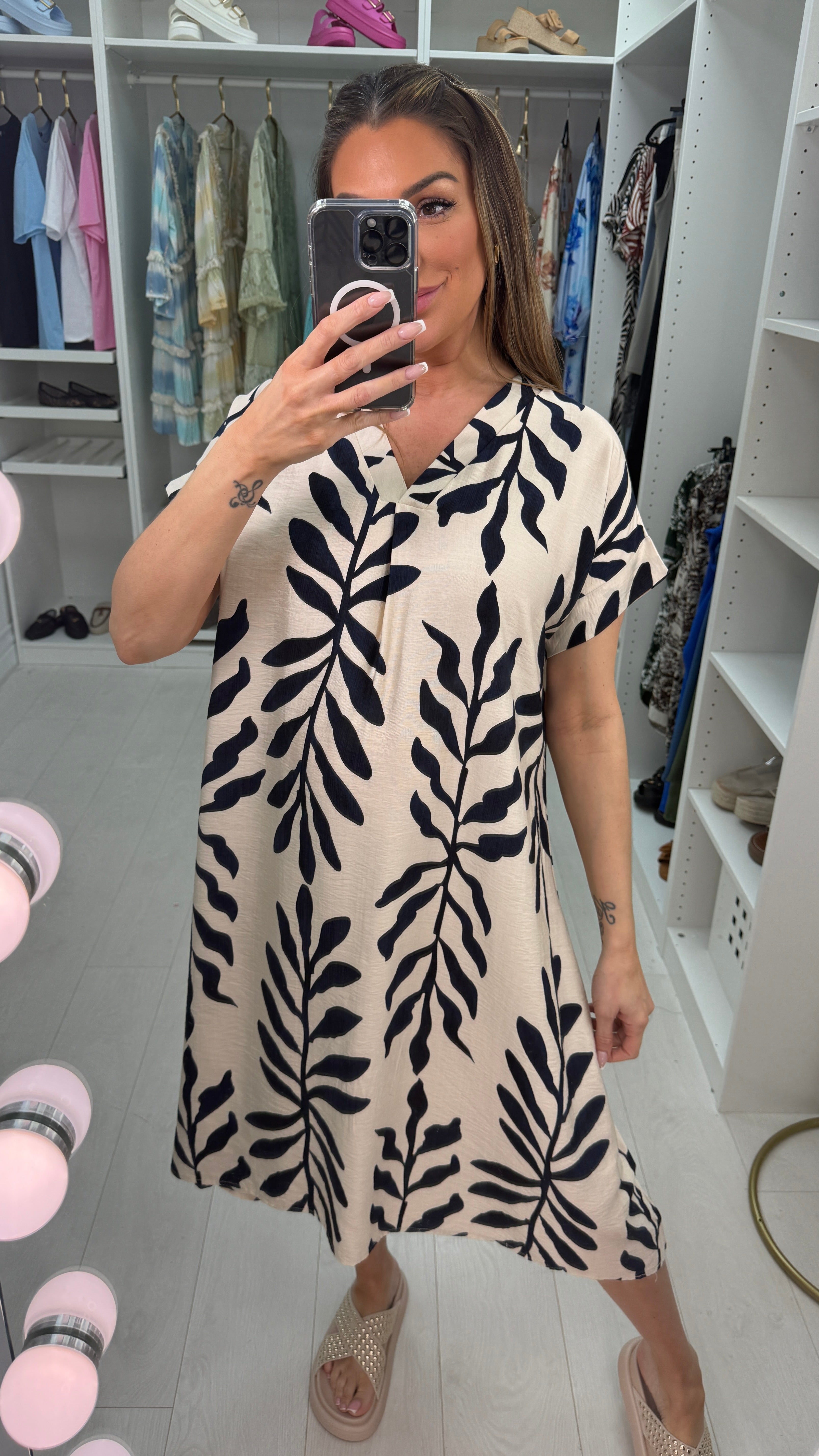 Hera Leaf Print V Neck Loose Fit Dress