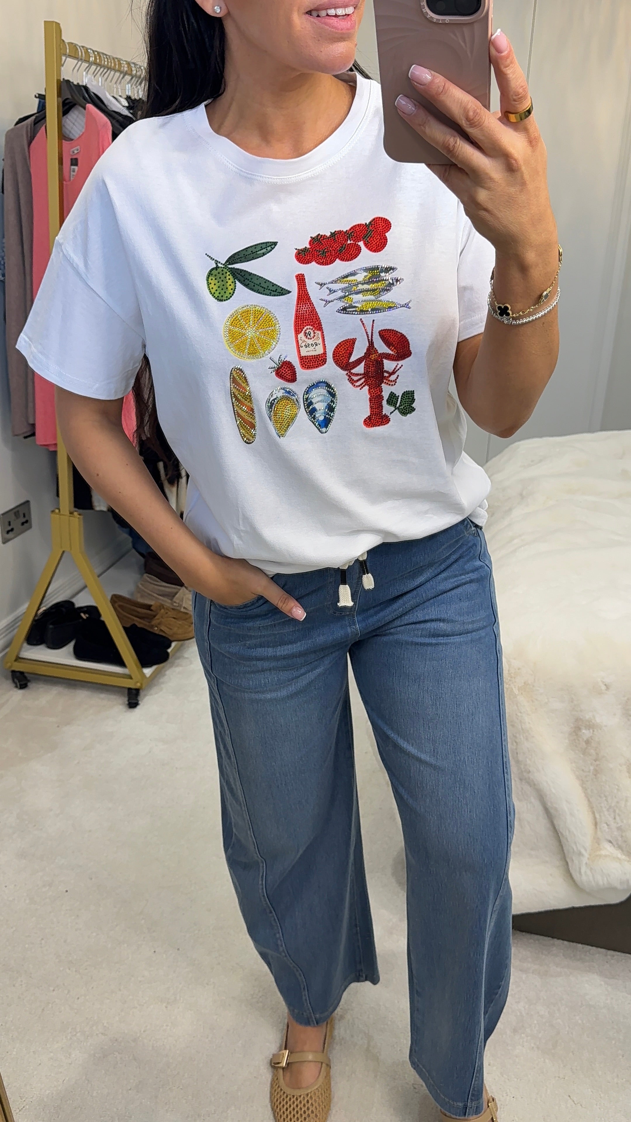 Olena White Embellished Loose Fit T-Shirt