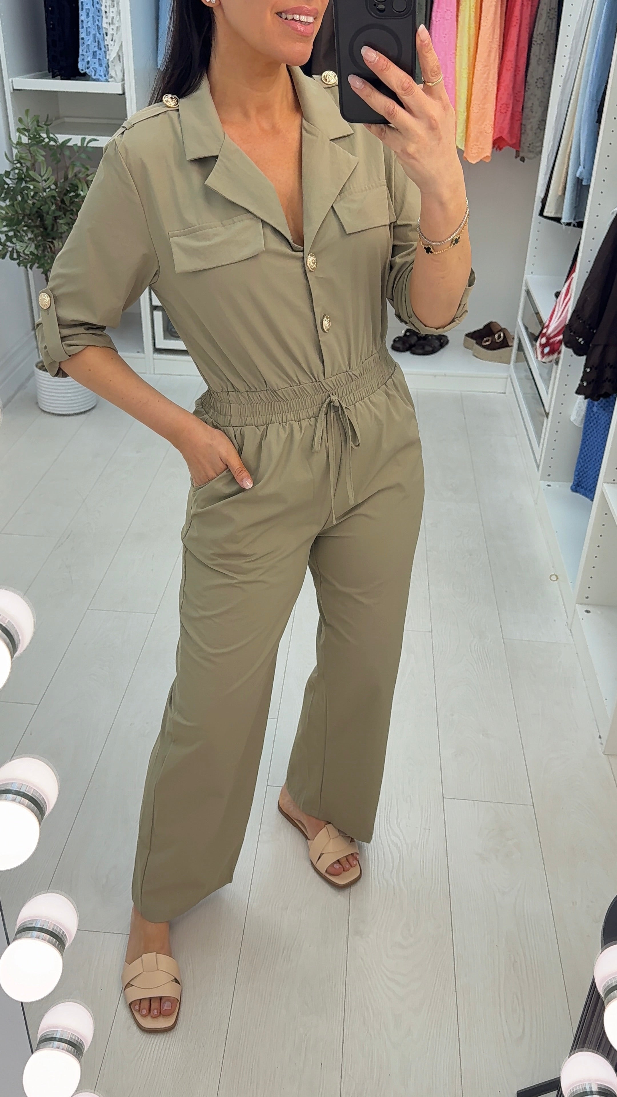 Galaxy Plain 3/4 Sleeve Shirred Waist Jumpsuit