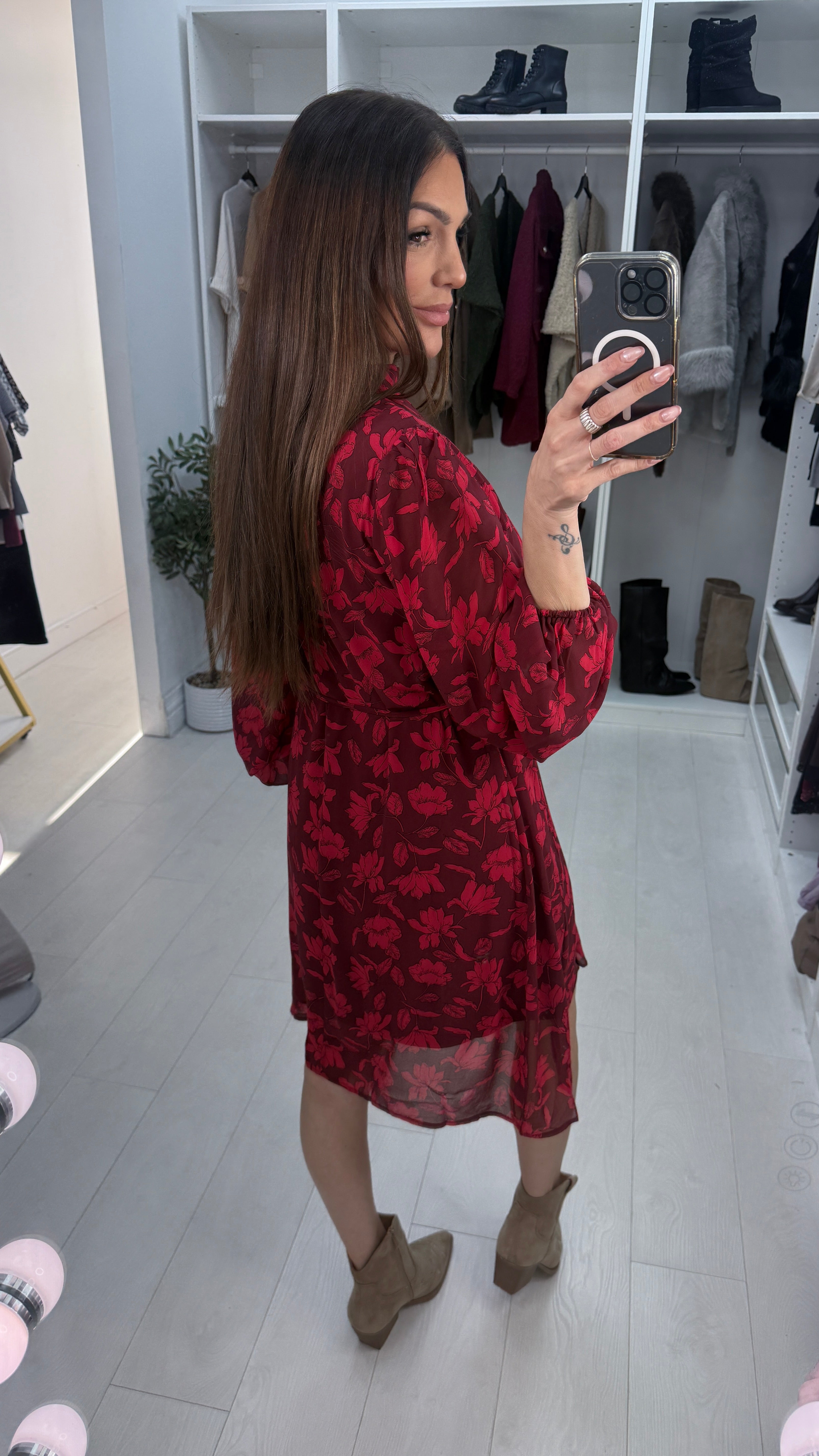 Monroe Wine Floral Print Pleated Dress