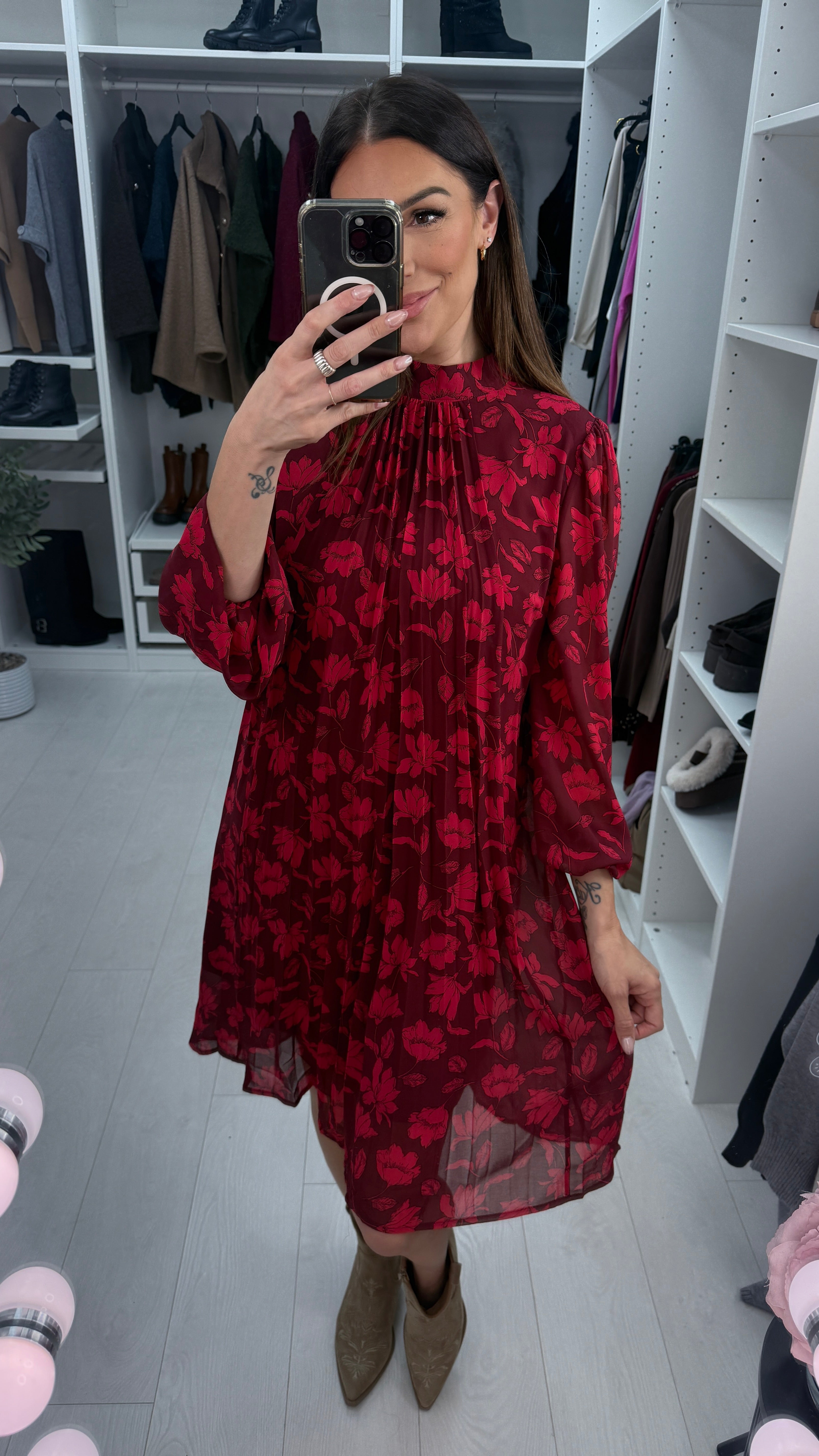 Monroe Wine Floral Print Pleated Dress