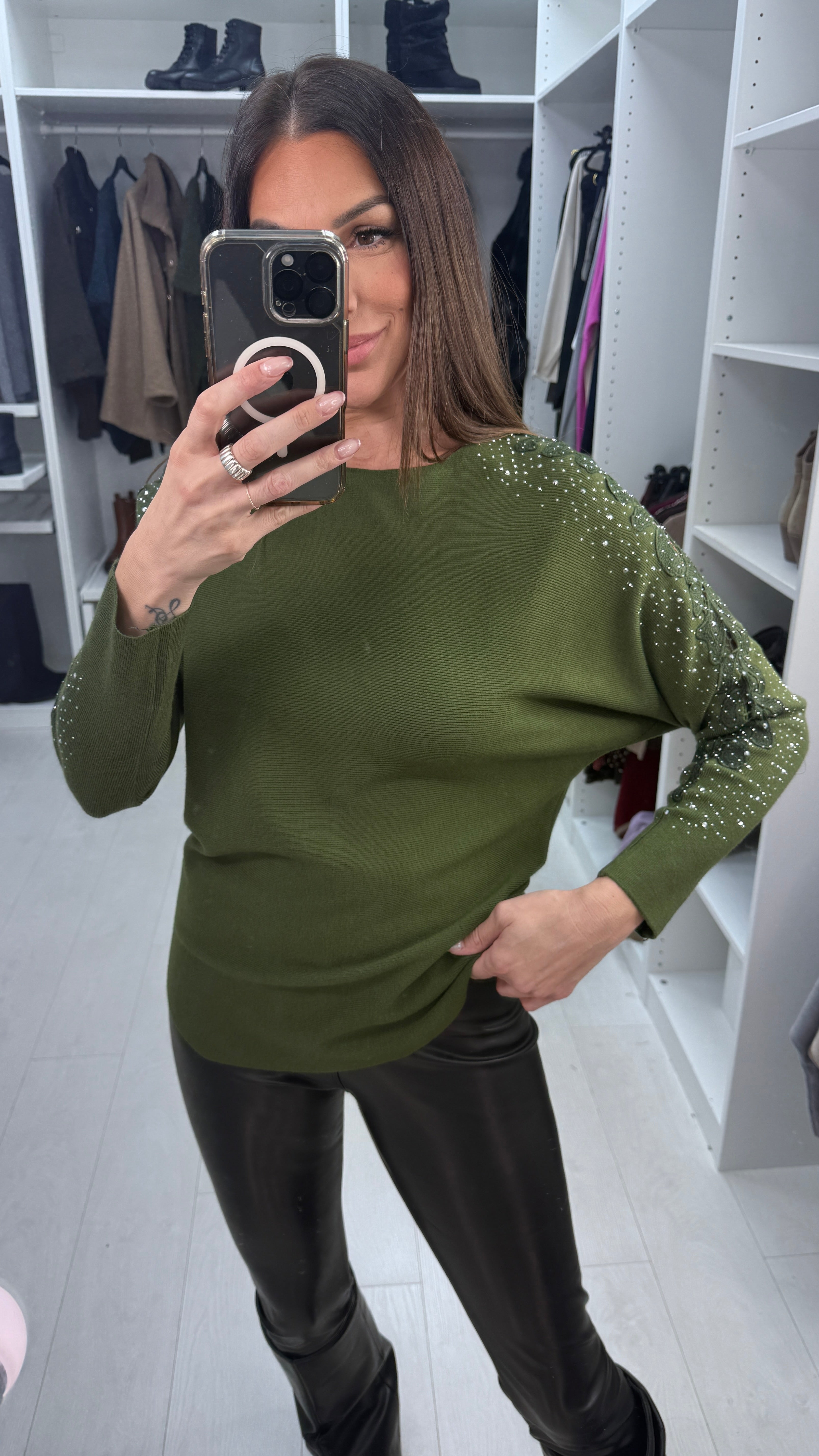 Stacey Crochet & Diamante Embellished Sleeve Knit Jumper