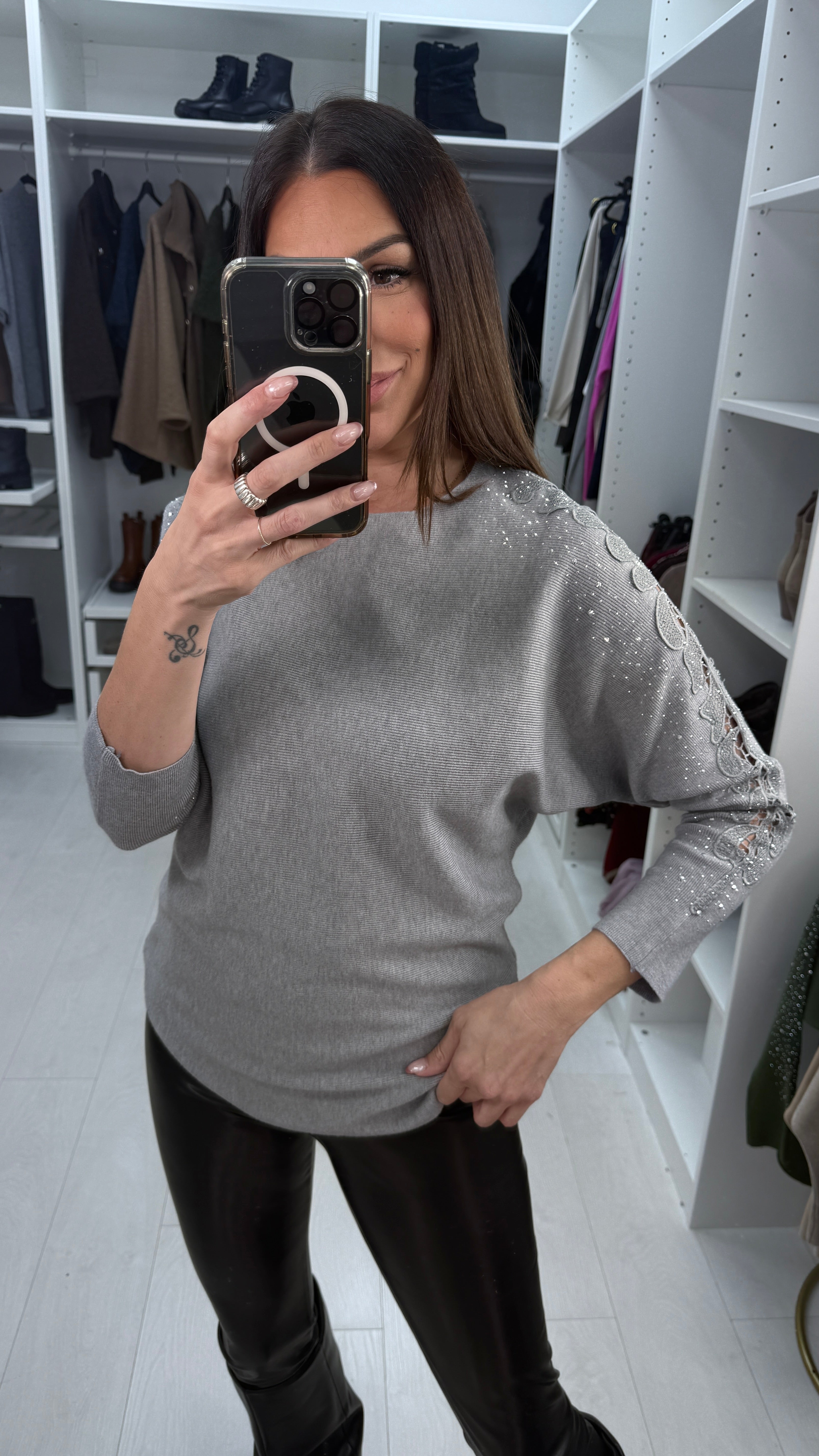 Stacey Crochet & Diamante Embellished Sleeve Knit Jumper