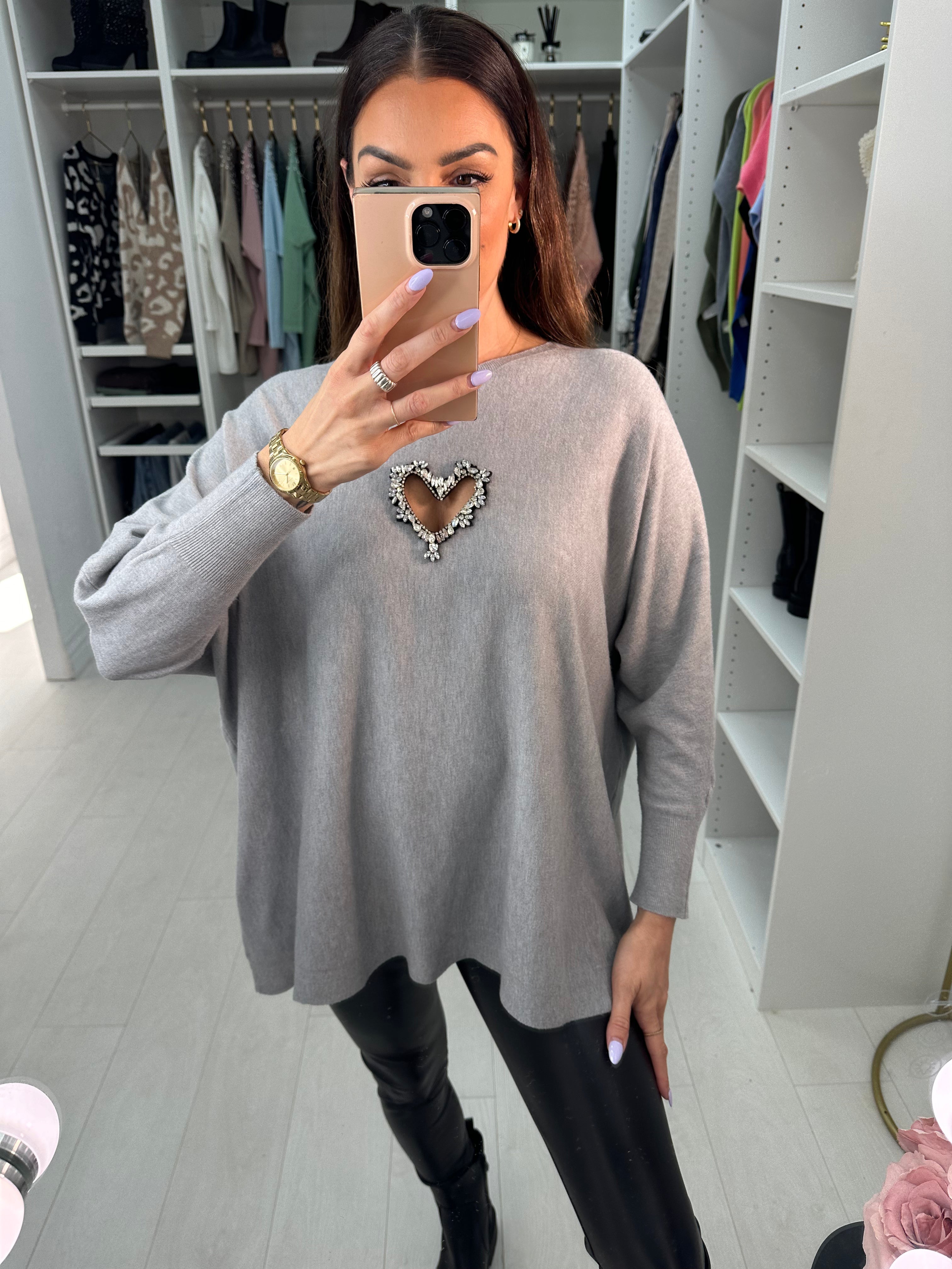 Rose Diamante Cut Out Heart Detail Jumper