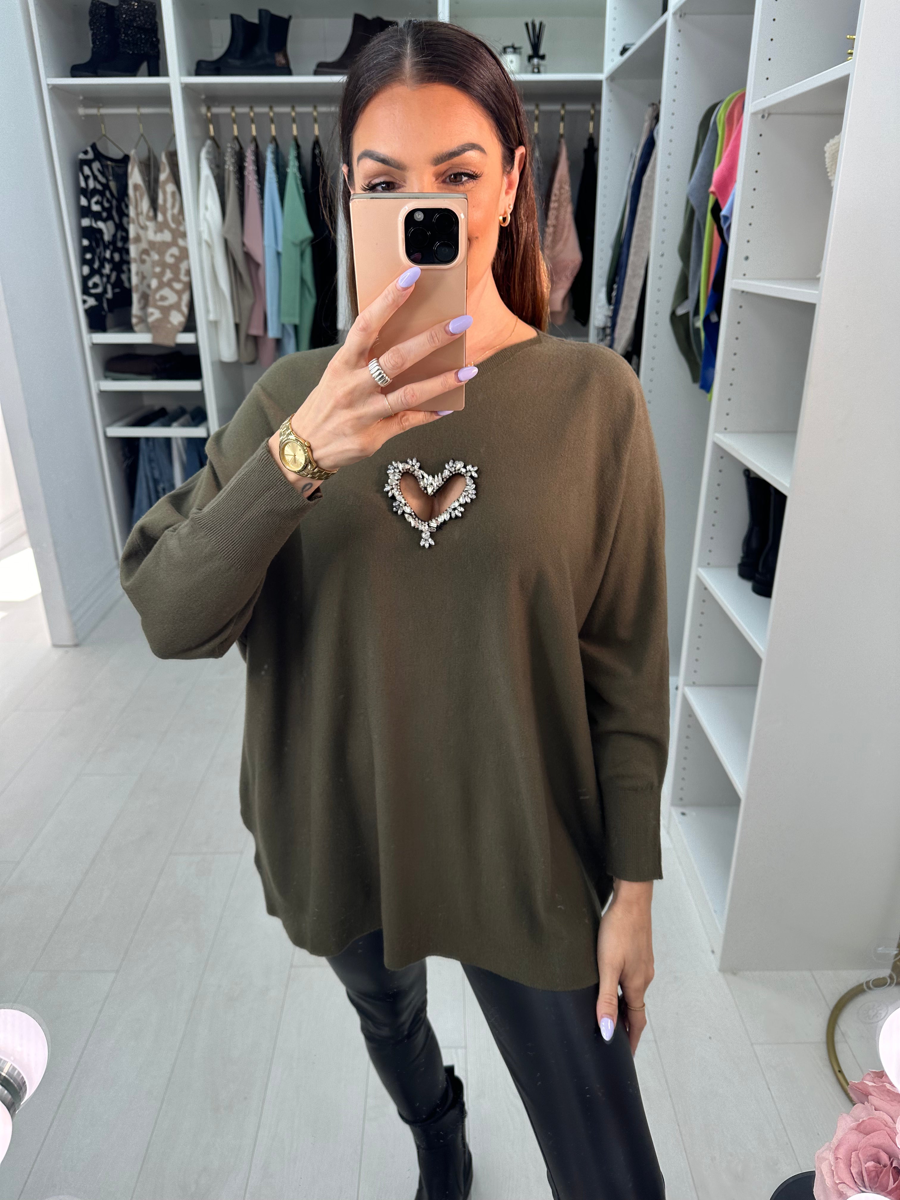 Rose Diamante Cut Out Heart Detail Jumper