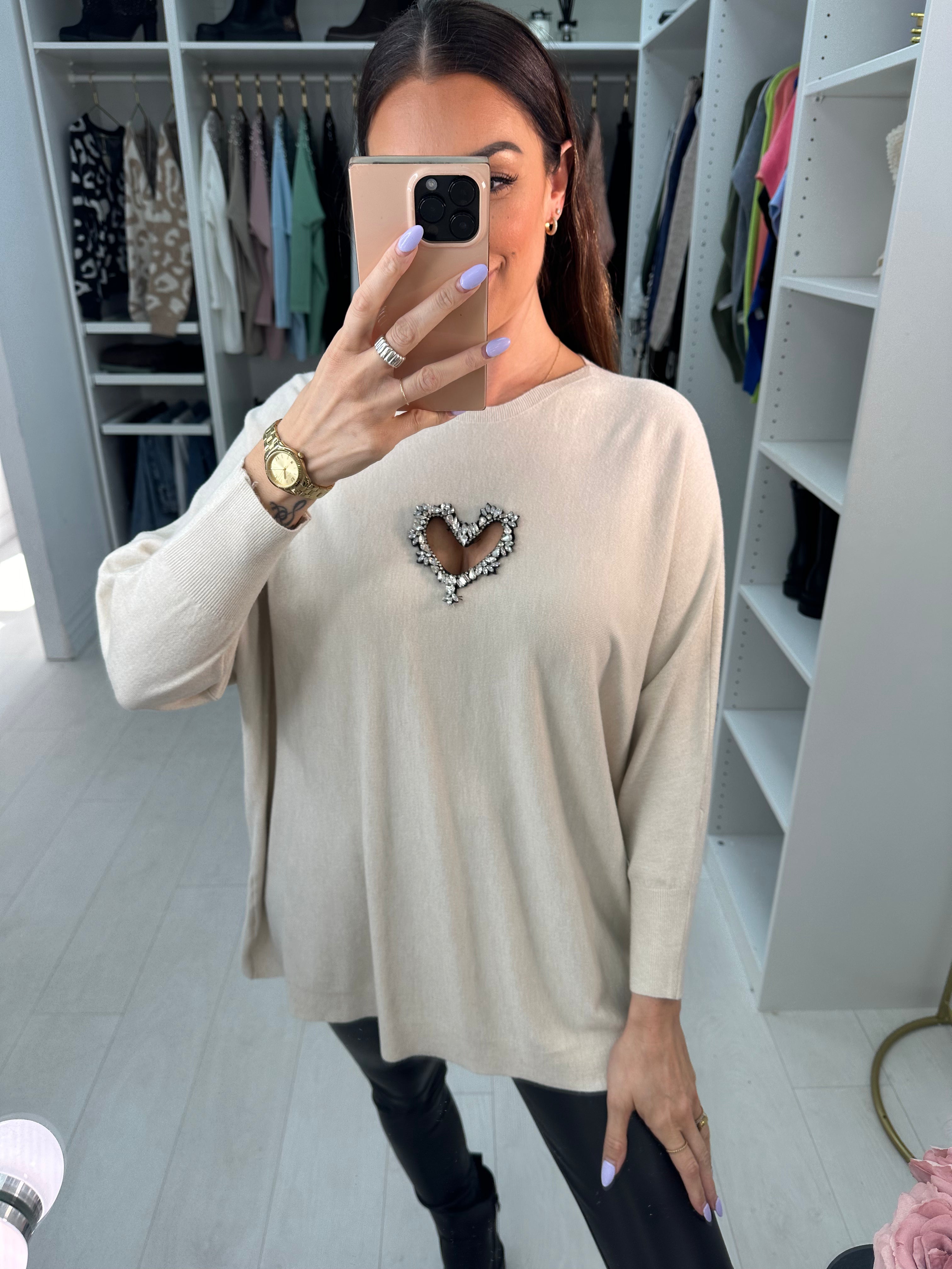 Rose Diamante Cut Out Heart Detail Jumper